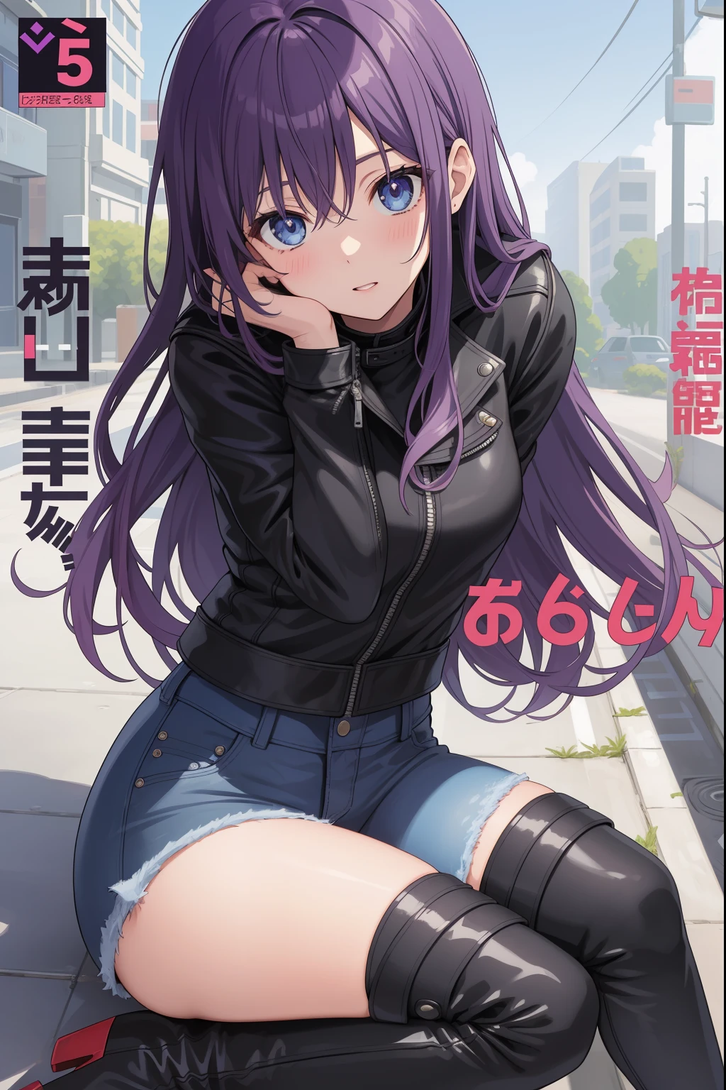 (cover, cover page:1.3), anime girl sitting on the ground on the street, purple long hair, blue eyes, leather jacket, jeans, leather boots