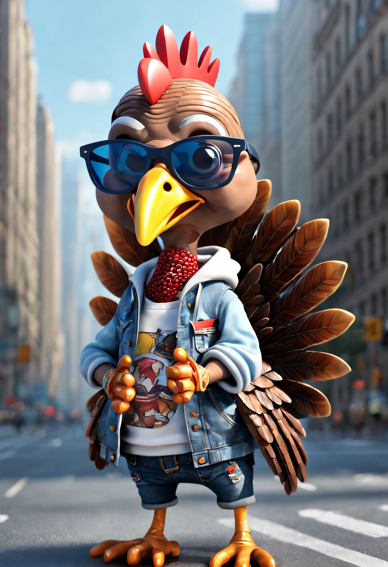 (top-quality,8K,32K,masterpiece,UHD:1.3),ultra high res,(Photorealsitic:1.4)),intricate details, Craft a perfect 3D animation style image featuring a cute turkey. Picture the turkey wearing a tank top, jacket hoodie, denim pants, cool sunglasses, and footwear. Capture the attitude of this cute character, with its hands casually tucked inside pant pockets. Encourage artists to bring the perfect blend of style and animation to life in a visually striking composition that showcases the character's cool and fashionable persona. New York city background
