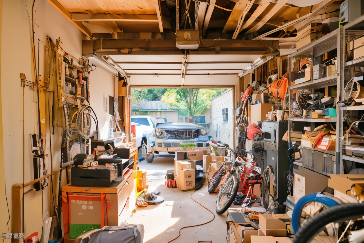 真实感, garage with a bunch of boxes of things and objects, An old computer, BIKE