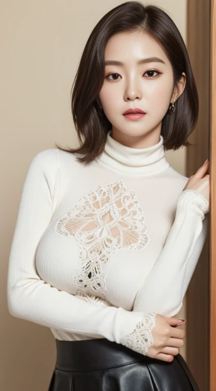a K-pop idol wearing a turtle neck sweater,
(((masterpiece))), ((best quality)), ((intricate detailed)), ((Hyperrealistic)), absurd res, milf, mature woman, perspective, highly detailed, illustration, 1girl, ((large breasts)), perfect hands, detailed fingers, beautiful detailed eyes, short hair, brown eyes,(turtle neck:1.2), tight skirt, detailed background, choker, perfect eyes, seductive eyes, looking at the viewer, from front