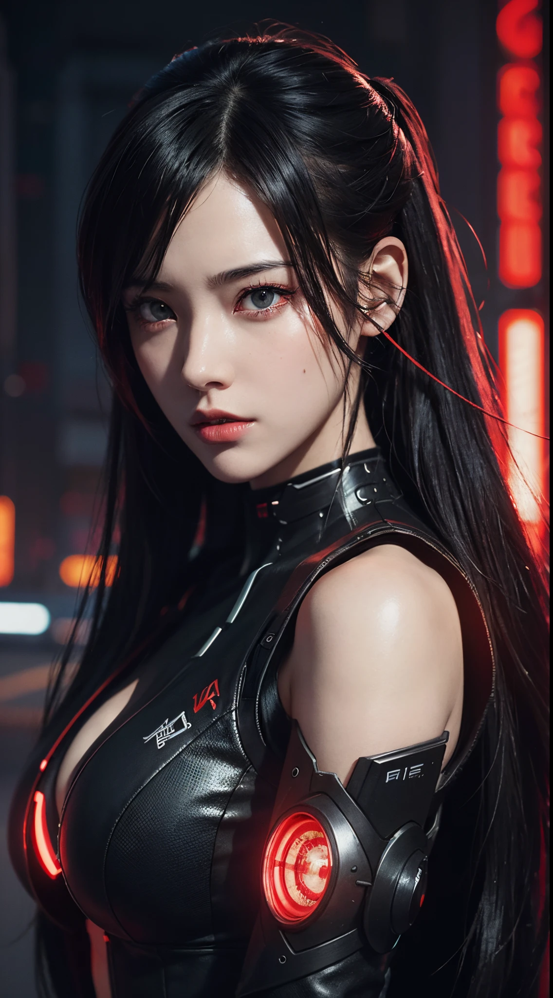 a detailed potrait of a cyberpunk cyborg girl with black and red parts, perfect face, realistic shaded perfect face, detailed. night setting. very anime style. realistic shaded lighting poster by ilya kuvshinov katsuhiro, unreal engine, global illumination, radiant light, detailed and intricate environment ultra HD