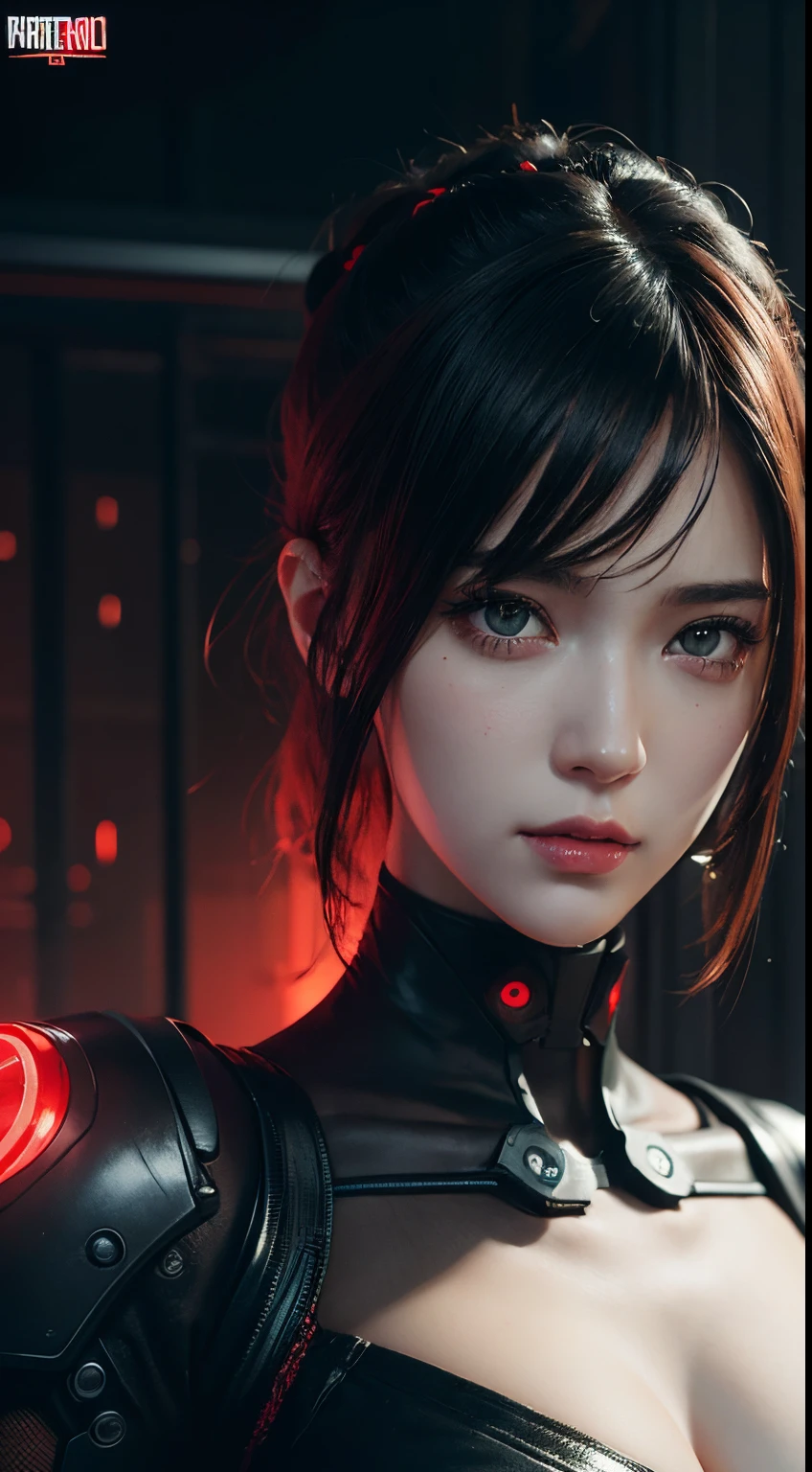 a detailed potrait of a cyberpunk cyborg girl with black and red parts, perfect face, realistic shaded perfect face, detailed. night setting. very anime style. realistic shaded lighting poster by ilya kuvshinov katsuhiro, unreal engine, global illumination, radiant light, detailed and intricate environment