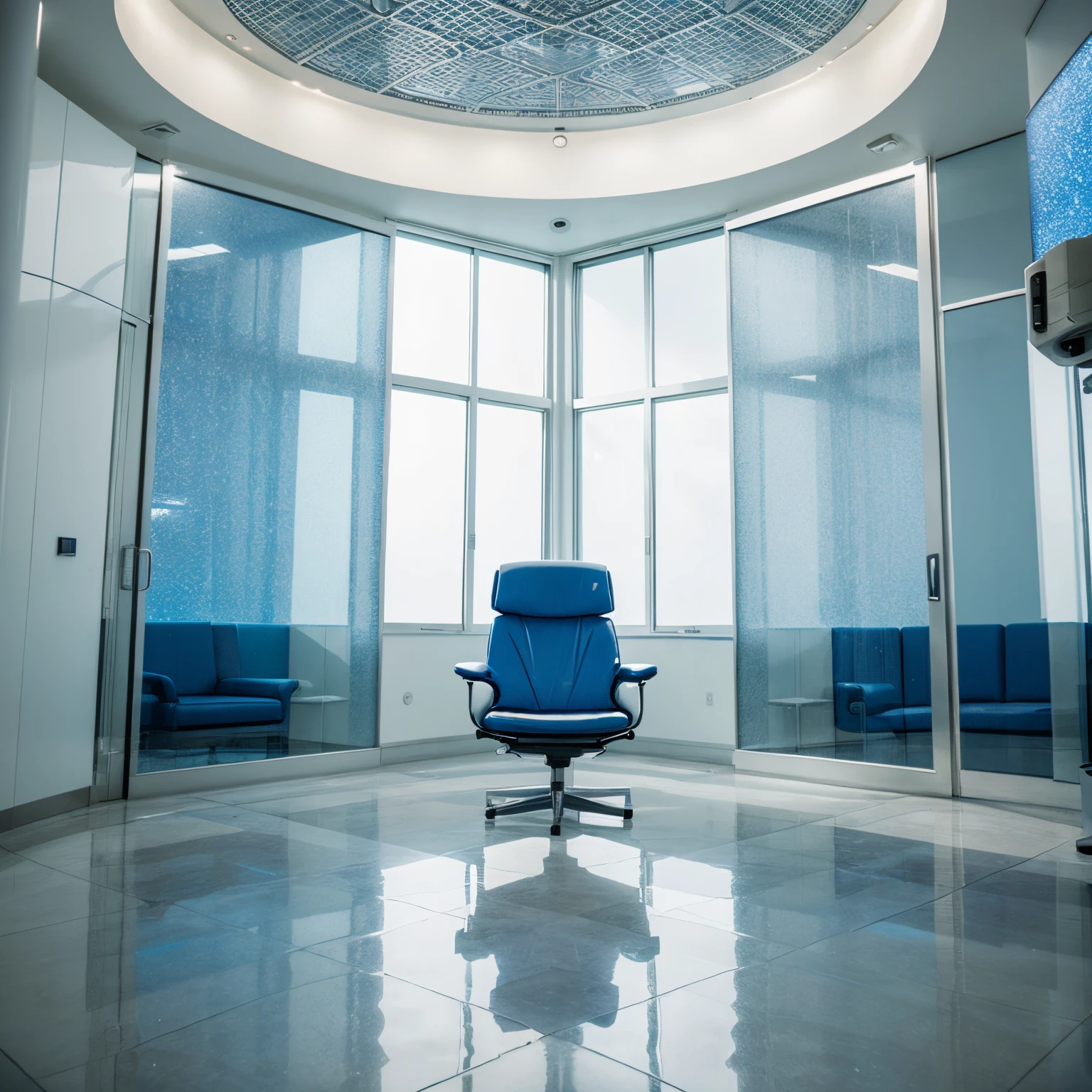 Special chair in big space, science-fiction, and blue white wall, glass window, seeling high, science fiction ground center chair,