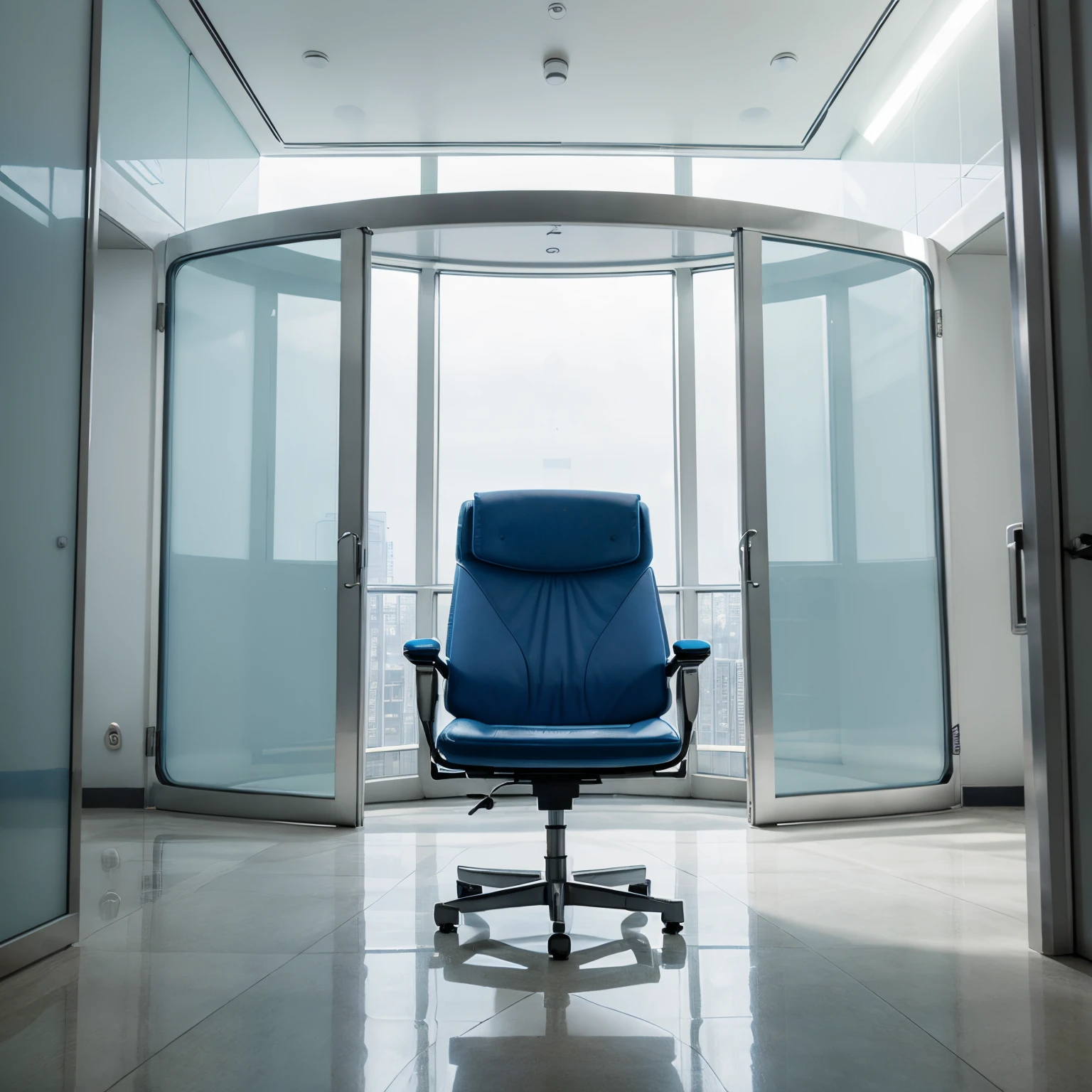 Special chair in big space, science-fiction, and blue white wall, glass window, seeling high, science fiction ground center chair,
