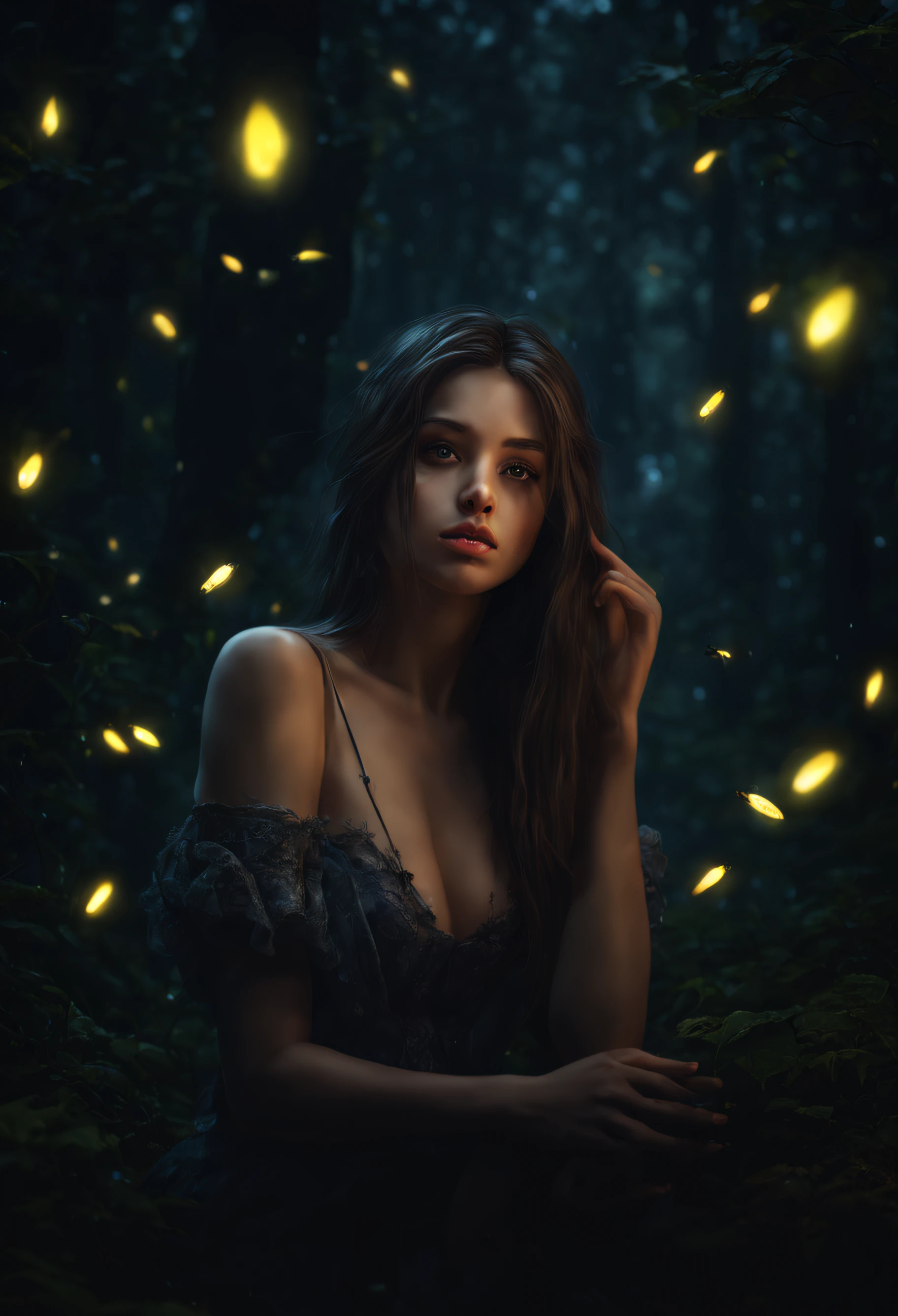alone girl in the forest,fireflies, dark,night,realistic, fantasy,dream,4k,ultra realstic, beautiful,perfect lips, beautiful eyes, beautiful girl, medium , beautiful