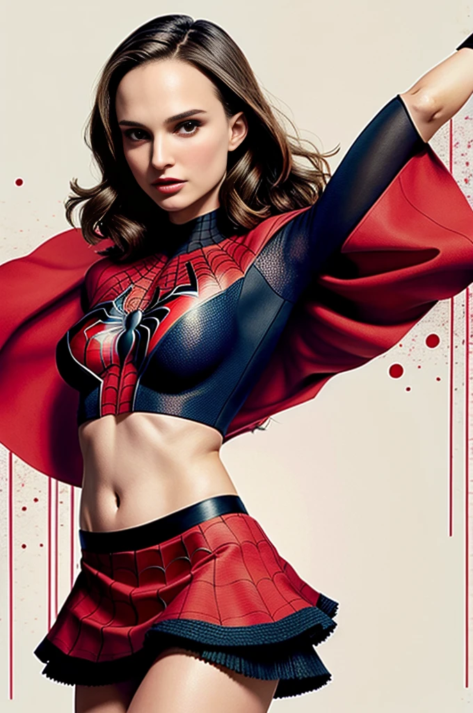 Lea Michele、Sticking out the navel、newyork、She wears a torn Spider-Man suit,wearing skirt、 Red and black color scheme,Dynamic、masterpiece、top-quality、ultra-detailliert、ighly detailed、beautiful detailed brilliance、超A high resolution