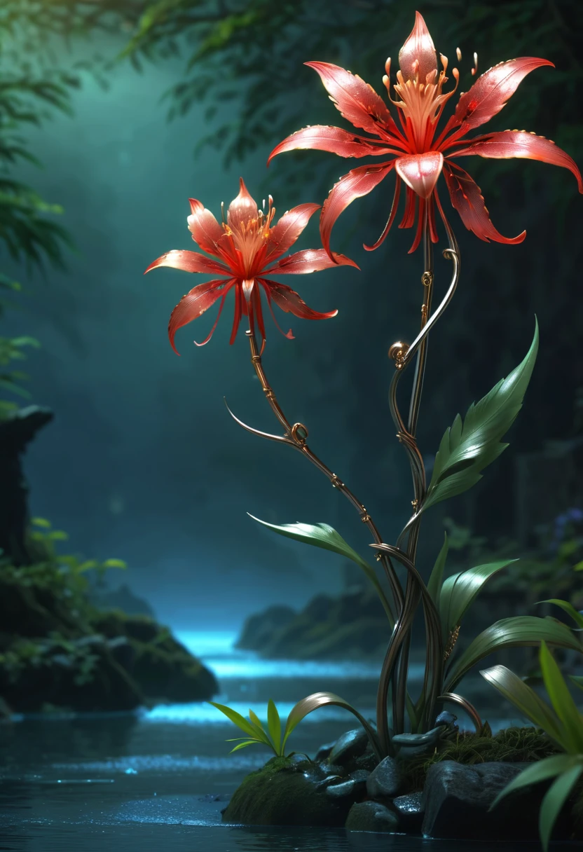 (Lycoris close-up:),Flower of the other shore is charming,Mysterious Manzhu Shahua,Bloody ghost flowers blooming at the gate of hell,Leading the soul to the afterlife,Evil charm,Flirtatious,Excellent,Magic Sword,legendary magic sword,Glory Magic Sword,Alloy iron flower,Alloy vines surround the magic sword,There are iron flowers on the sword,heavy metal style,metal art,flower made of iron,iron leaf,Full metallic luster,Metal texture in the post-industrial era,Alloy wire crafts,gold flowers,Iron flower,Silver flower,metal tree branch,a crystal pendant,Emerald inlay,well-built,Perfect craftsmanship,Magic lightning background,blue lightning,
(Best quality at best,4K,8K,A high resolution,tmasterpiece:1.2),ultra - detailed,(actual,realisticlying,Photorealistic:1.37),sportrait,The landscape,terror,Japanese cartoon,sci-fy,photography of,Concept artist, HighDynamicRange,hyper HD,Studio lighting,Ultra-fine painting,Focus sharp,physically-based renderingt,Extremely detailed description,professional,vivd colour,bokeh.