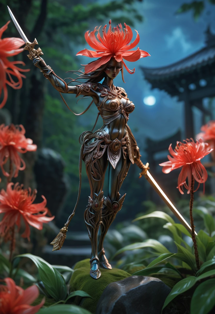 (Lycoris close-up:),Flower of the other shore is charming,Mysterious Manzhu Shahua,Bloody ghost flowers blooming at the gate of hell,Leading the soul to the afterlife,Evil charm,Flirtatious,Excellent,Magic Sword,legendary magic sword,Glory Magic Sword,Alloy iron flower,Alloy vines surround the magic sword,There are iron flowers on the sword,heavy metal style,metal art,flower made of iron,iron leaf,Full metallic luster,Metal texture in the post-industrial era,Alloy wire crafts,gold flowers,Iron flower,Silver flower,metal tree branch,a crystal pendant,Emerald inlay,well-built,Perfect craftsmanship,Magic lightning background,blue lightning,
(Best quality at best,4K,8K,A high resolution,tmasterpiece:1.2),ultra - detailed,(actual,realisticlying,Photorealistic:1.37),sportrait,The landscape,terror,Japanese cartoon,sci-fy,photography of,Concept artist, HighDynamicRange,hyper HD,Studio lighting,Ultra-fine painting,Focus sharp,physically-based renderingt,Extremely detailed description,professional,vivd colour,bokeh.