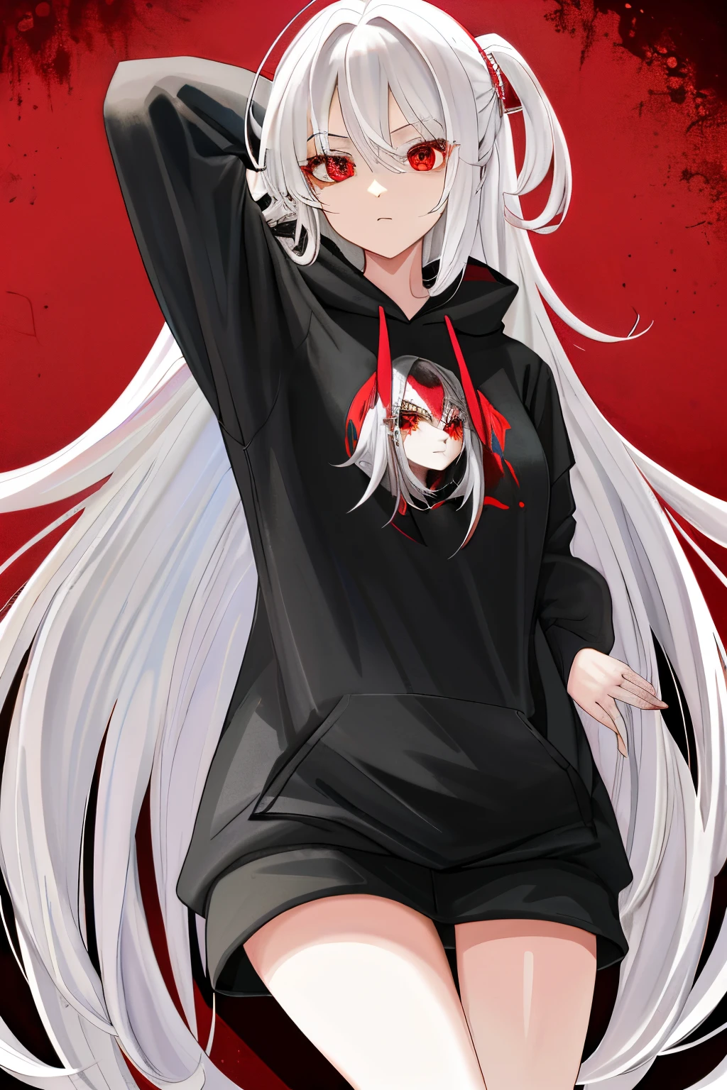 A weak male with glowing white hair and glowing red eyes and horns in a white t-shirt and black pants in a dark room