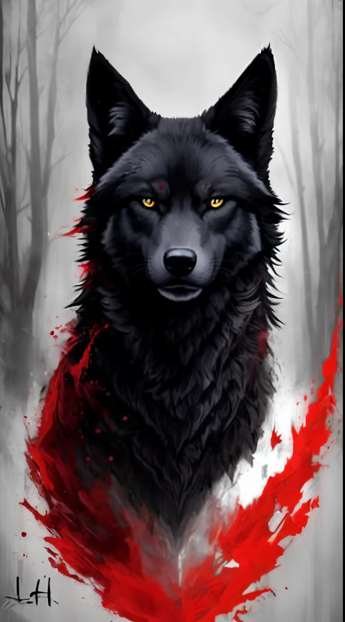 uma pintura de um lobo com tinta vermelha no rosto, Lobo Negro, Grim - Lobo, Lobo no inferno, lobo, foto de lobo, grande lobo, Lobo cinzento escuro O'Donnell, lobo cinzento escuro, Ele tem olhos de lobo amarelos, retrato do lobo da fantasia, lobo, Meio Lobo, lobo como um humano, alpha wolf head, Sakimi, Fenrir