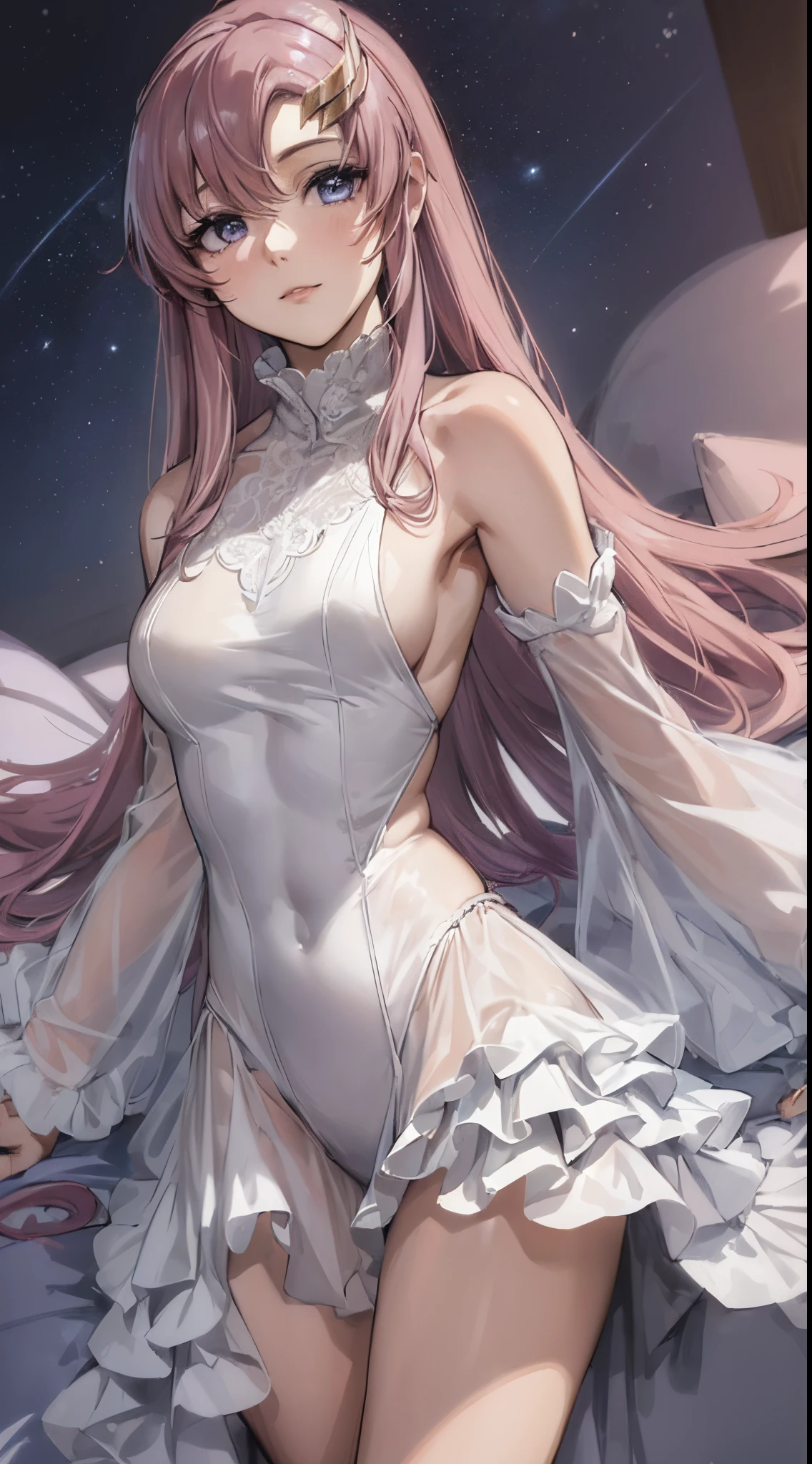 (Masterpiece:1.5),very precise detailed,ultra high resolution,extremely detailed CG unity 8k wallpaper,lacusclyne, lacus clyne, (purple eyes:1.1), hair ornament, long hair, wave hair ornament, pink hair, smile,
BREAK dress, long dress, white dress, long sleeves, white sleeves, frills frilled skirt, frilled sleeves, detached sleeves, bare shoulders, purple skirt, purple frills,
BREAK looking at viewer, (cowboy shot:1.5),
BREAK outdoors, space, star \(sky\), sun,
BREAK (masterpiece:1.2), best quality, high resolution, unity 8k wallpaper, (illustration:0.8), (beautiful detailed eyes:1.6), extremely detailed face, perfect lighting, extremely detailed CG, (perfect hands, perfect anatomy),
