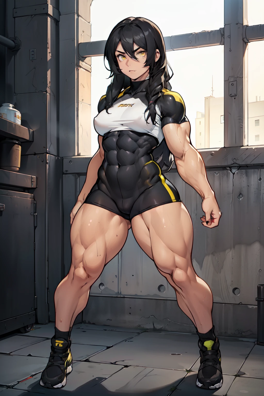 (((((muscular 1girl))))) ((((thick thighs toned body small breasts)))) (pale skin) black hair yellow eyes very long hair ((full body)) tight shirt tight pants