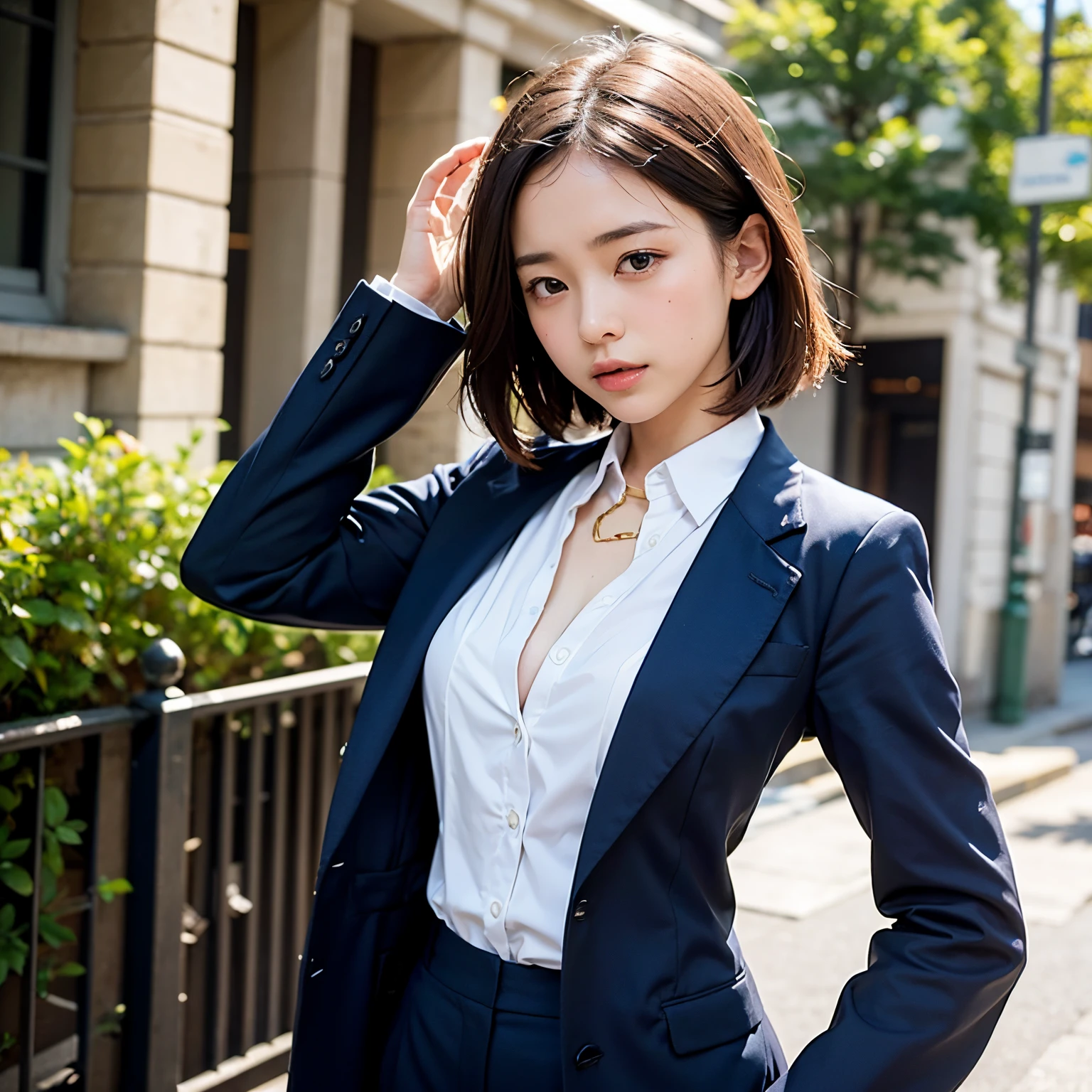 (masutepiece, Best Quality:1.2), 8K, Official art, Full body photo, full body Esbian、Back angle、turned around、cute butt、Suits、Embarrassing black hair、14years、small tits、Eyes closed、Deep sadness、Sorrow、look up sky、screeming、 unbelievable Ridiculous, (Upper body, Dark blue suit:1.4), Beautiful Girl, Pretty Face, arching back down, cute panty、Gold hair ornament on hair、Wearing a cute suit、close up, Wearing a suit, Short sleeve, gardenia, violaceaess, Teen, Street, Looking at Viewer, Film grain, chromatic abberation, Sharp Focus, face lights, Dynamic lighting, Cinematic lighting, Eyes and faces with detailed, Bokeh background, (Tie with Emma written on it、1 copy:1.2)