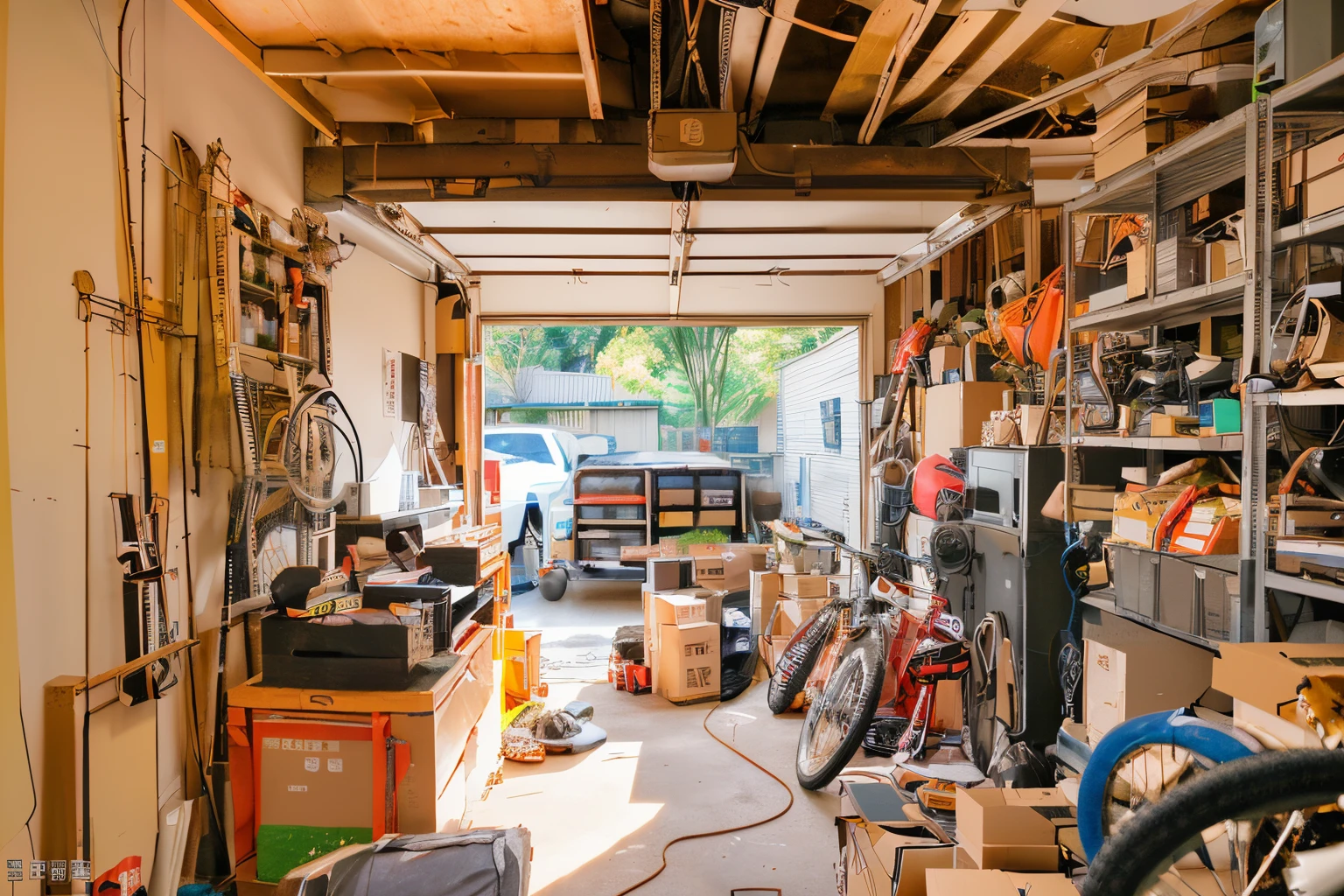Garage with a bunch of things, boxes, warehouse, pantry