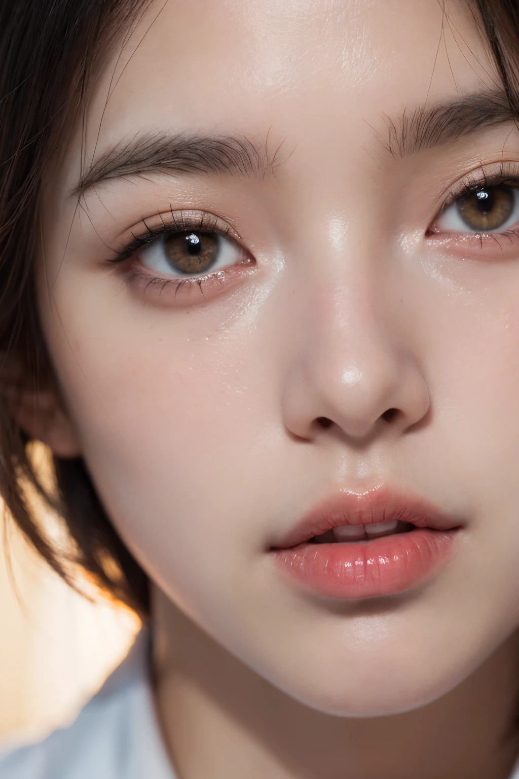 image of one woman、Face close-up、Smooth skin、masterpiece、highest quality、8k photo、(close ~ eye)Sad expression、Troubled expression、please open your mouth、(wrinkles at the corners of the eye:1.1),18-year-old female、Please bring your face closer to the audience、Pretty wet and shiny lips、Kissing Face、