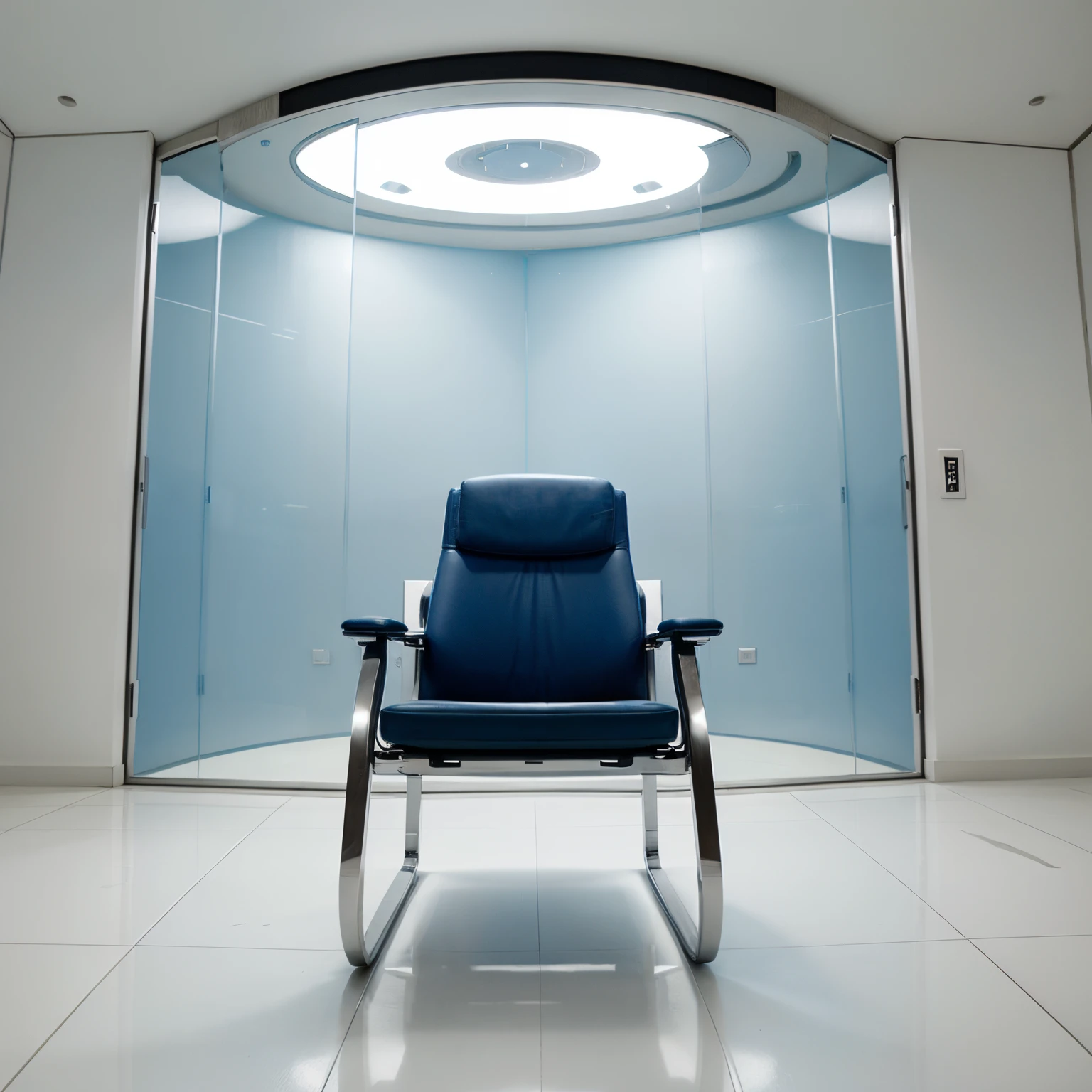 Special chair in big space, science-fiction, and blue white wall, glass window, seeling high, science fiction ground center chair, sci-fi chair , advance and sifi