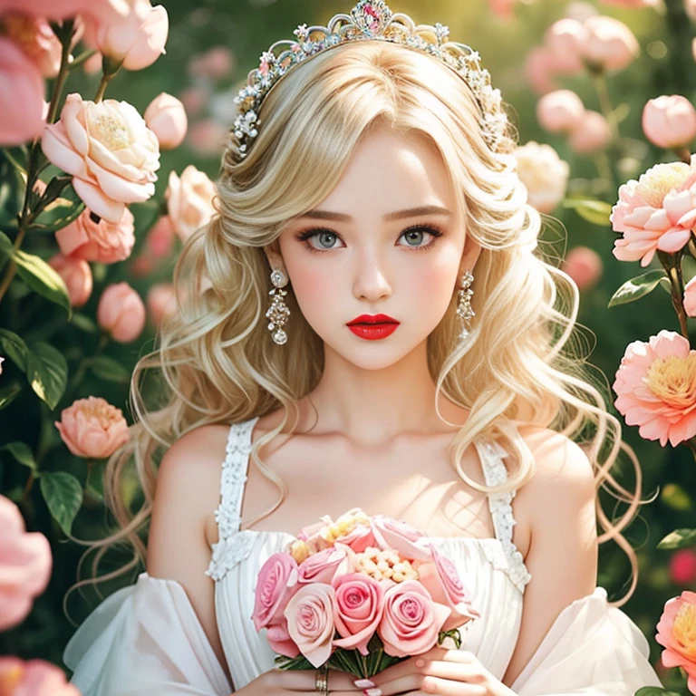 Solo,fairytale,princess is shy, flowers and tiara,White Dress,blonde messy bun hair, half updo hair, Looking at Viewer, Hair Ornament, Pastel colors hair, Jewelry,vivid 22eyes, makeup, Lips, Wavy Hair, earrings, Upper body,Bangs, hair clips, Hand up, 鎖骨,many flowers garden background, Red lips,Dress