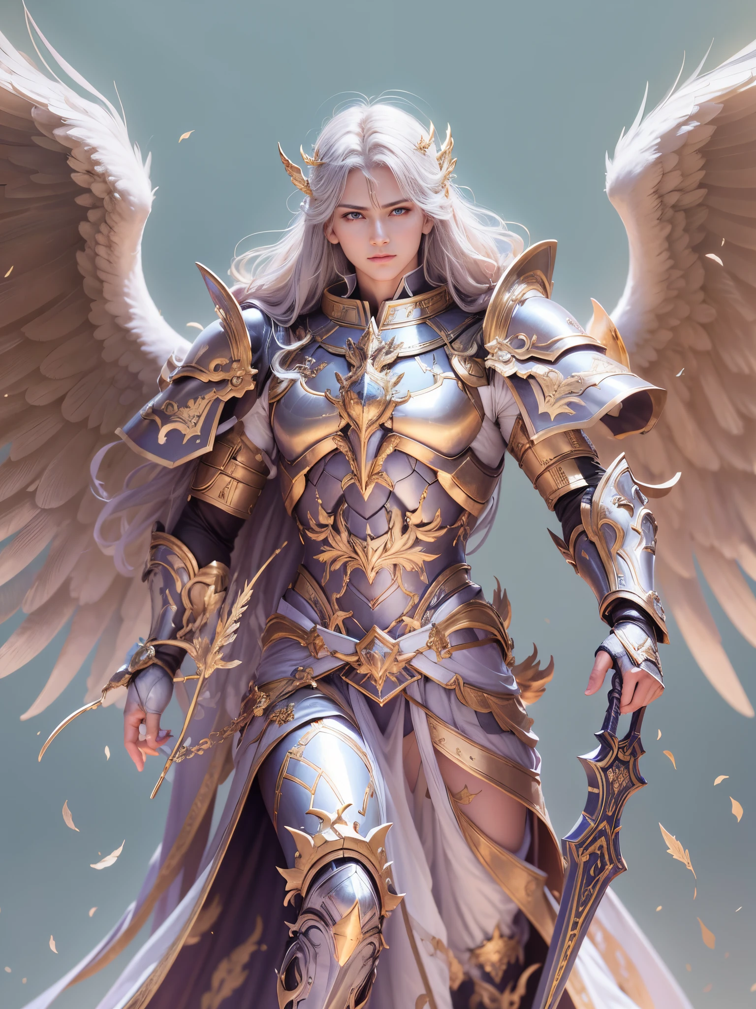 Masterpiece, best quality, {best quality}, {{masterpiece}}, {highres}, grayscale, anime, eye-catching, exotic, flying feathers, plumage, anime fantasy illustration, detailed 2D digital fantasy art, anime fantasy art, highly detailed official art, epic fantasy digital art style. Extremely high details, epic anime art, Anime - style illustration of a man with wings, man, boy --auto --s2