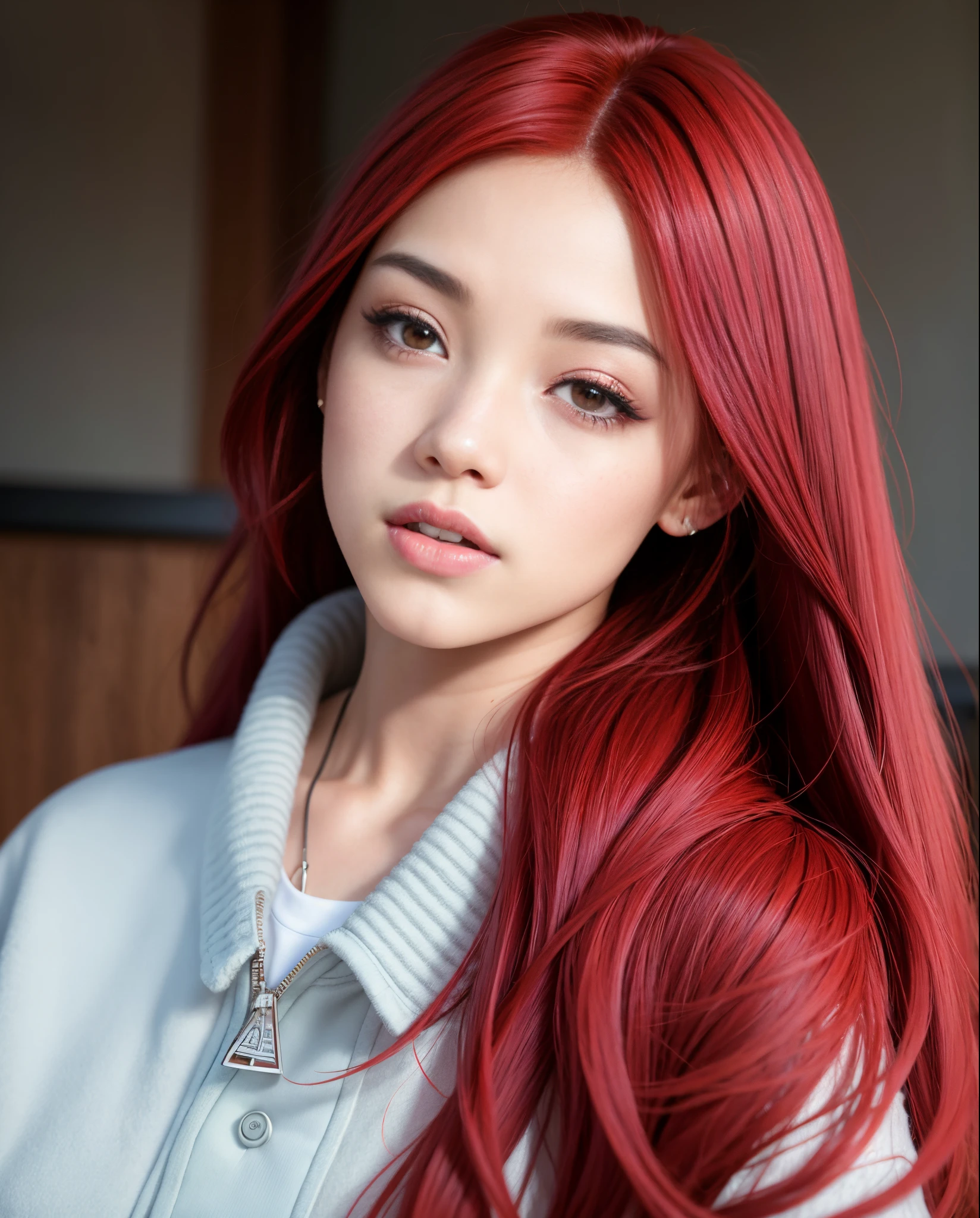 un primer plano de una mujer con el pelo largo y rojo y una chaqueta vaquera, Jisoo de Blackpink, Jisoo de Blackpink, Retrato Jisoo Blackpink, tzuyu de dos veces, Jossi de Blackpink, cabello rojo claro, Bright crimson head, Color de cabello, color rojo, Parque Roseanne de Blackpink, con el pelo rojo, Red crimson hair, crimson hair, hair coloring