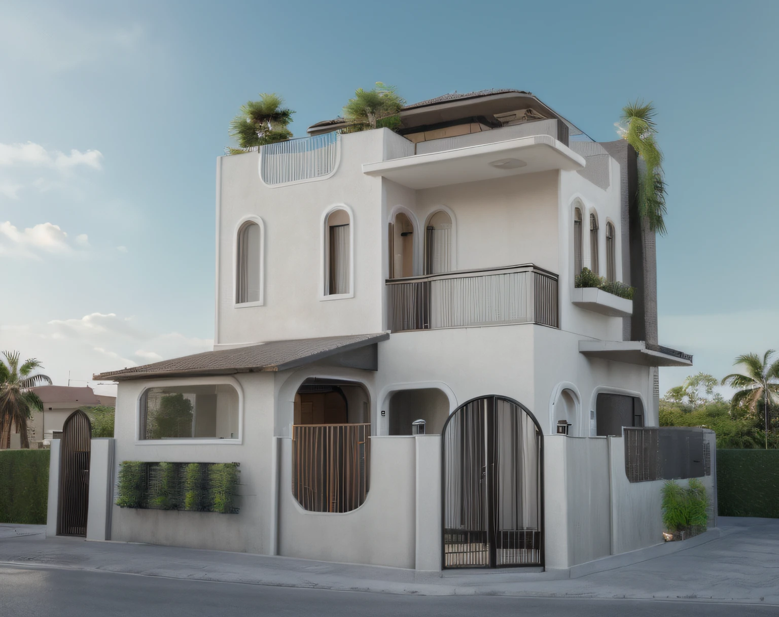 RAW photo,Masterpiece, high quality, best quality, authentic, super detail, exterior, outdoors, house style indochine with white wall, glass balcony, refection glass windows, indoor furniture, plant and tree near the house, plant on the rooftop, ,grass, tropical garden, trees, beautiful summer sky, beautiful landscape with grass and flower bushes, plants, trees (day:1.2), black iron gates, black iron fence ,vray, 8k, uhd