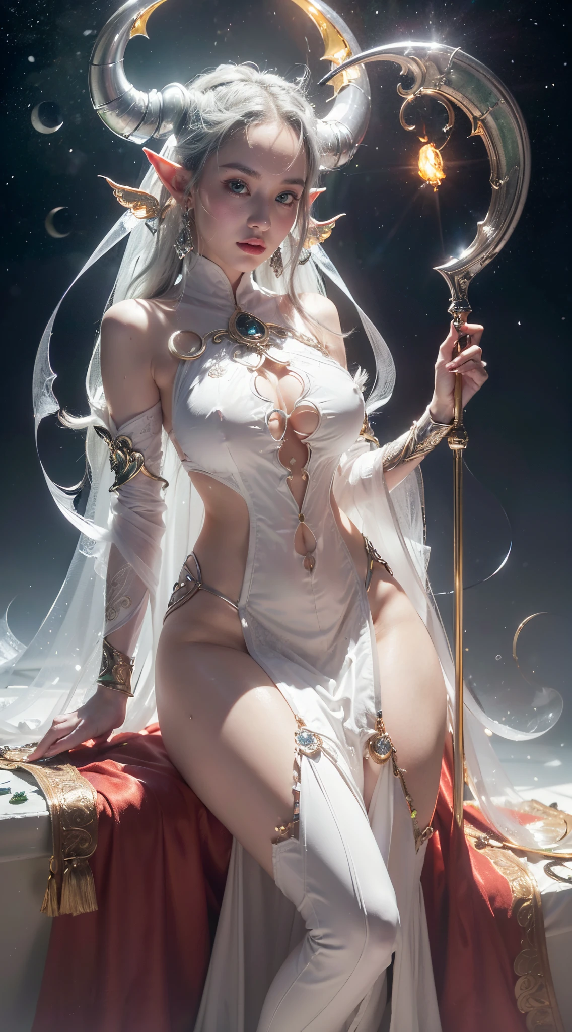 (Numerous award-winning masterpieces, with incredible details), (hd masterpiece, 8k, best quality), ((Extremely beautifull elf face)), (extremely detailed realistic elf face features), (beutiful green grey eyes), ((finely detailed true circle Symmetrical green grey eyes)), (She has a meloncholic face), (A majestic sight), long white hair, (big breasts: 1.8), anatomic, small wraist with big hips, silver hair, long hair, snow white fair skin, pale skin