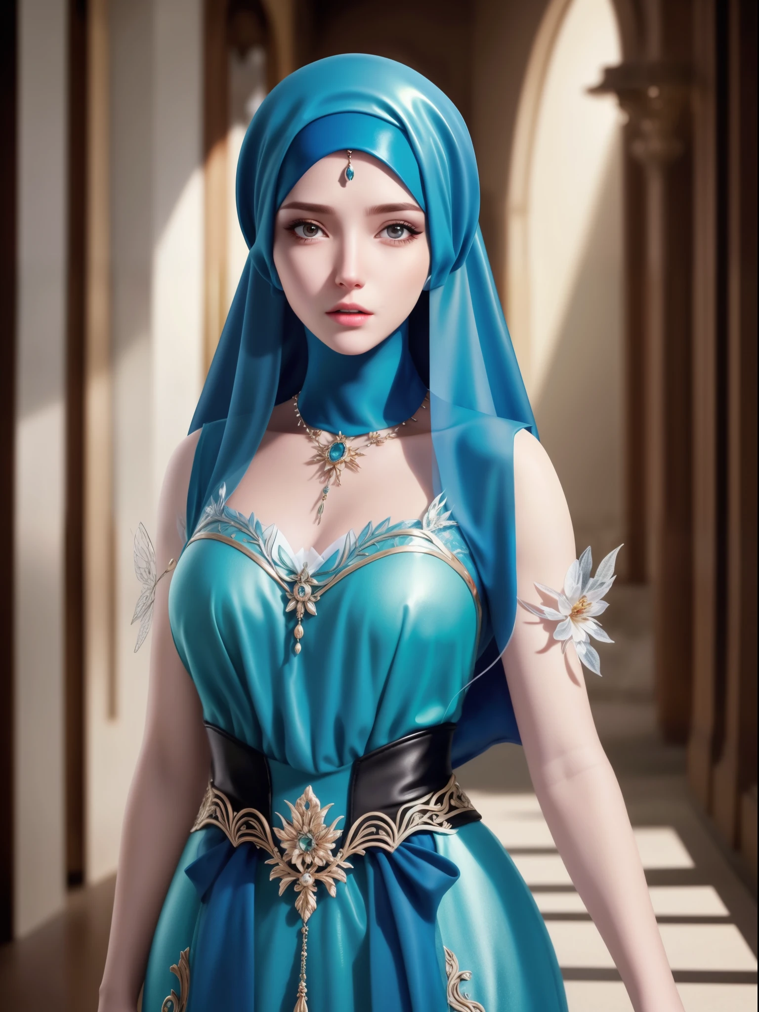 best quality, masterpiece, highres, moslem female dress, necklace, Beautiful face, (upon body from head to waist:1.37), tyndall effect, photorealistic, dark studio, rim lighting, two tone lighting, 8k uhd, dslr, soft lighting, high quality, volumetric lighting, candid, Photograph, high resolution, 4k, 8k, Bokeh, (hyperrealistic girl), (illustration), (high resolution), (extremely detailed), (best illustration), (beautiful detailed eyes), (best quality), (ultra-detailed), (masterpiece), (wallpaper), (photorealistic), (natural light), (rim lighting), (detailed face), (high detailed realistic skin texture), (anatomically correct), (solo), (1 woman), (heterochromic eyes), (detailed eyes), (sparkling eyes), (long legs), (big breasts), (dynamic pose), (concentrated expression), (wearing hijab:1.4), moslem headscarf, reading glasses.