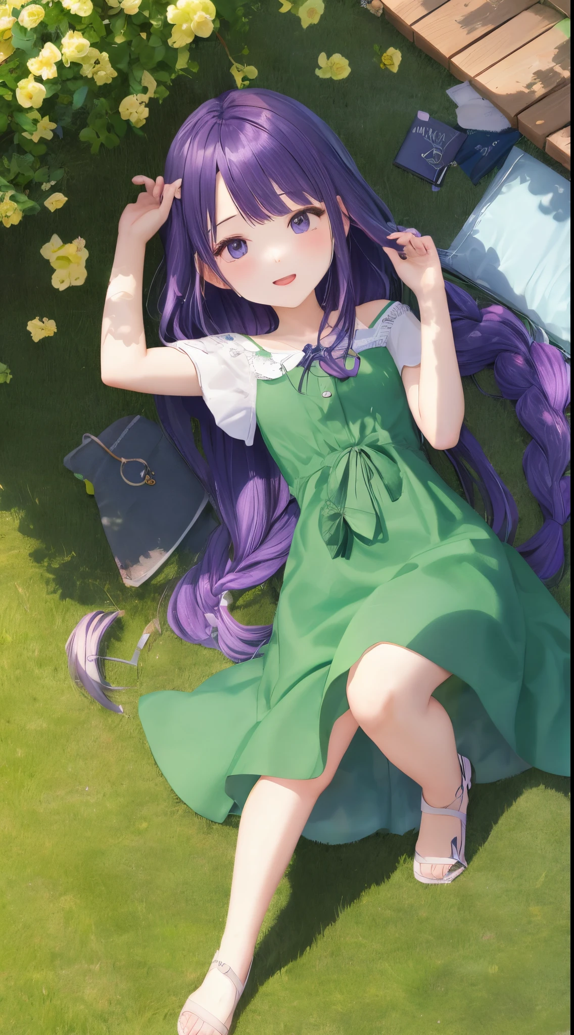 accounting、female pervert、purple color hair、Braided long、Green dress、Thread、I'm drunk