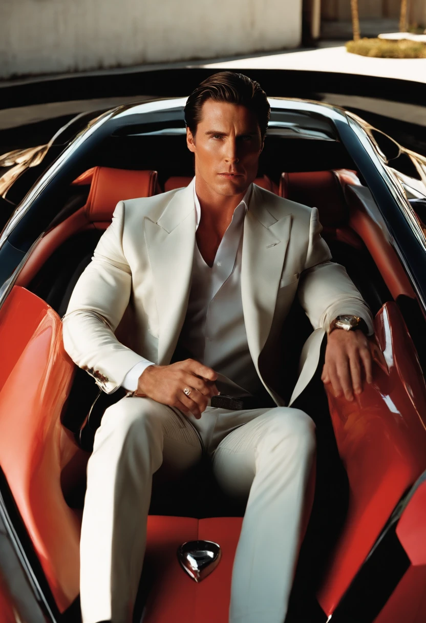 The image is of Patrick sitting in a luxurious sports car, with an arrogant and smug expression on his face as he revs the engine.,American Psycho,Patrick is a tall, tan, muscular man with slicked back brown hair, and an expensive suit. Looks like Christian Bale