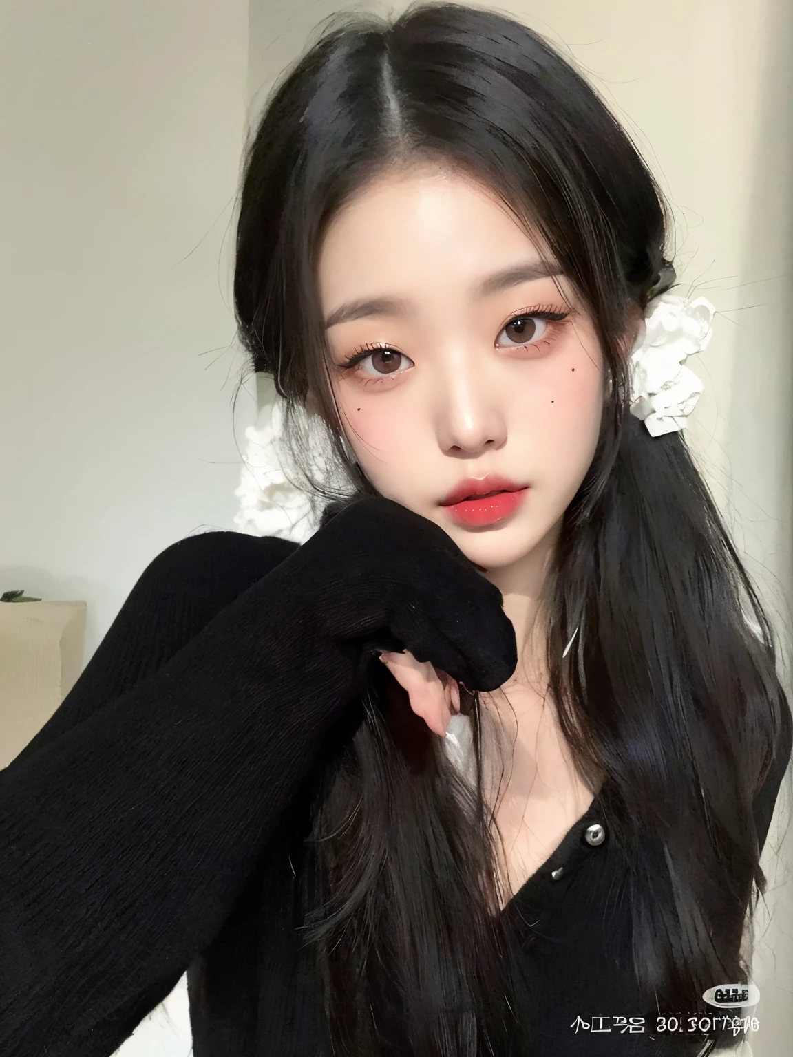 Arafed Asian girl with long black hair and black gloves., ulzzang, Joven y adorable rostro coreano, Wan adorable cara coreana, young cute wan asian face, Chica coreana, Beautiful aesthetic face, Hermosa joven coreana, Hermosa joven coreana, cruel korean goth girl, Rasgos de la cara coreana, maquillaje popular de Corea del Sur, con cara linda - fina -