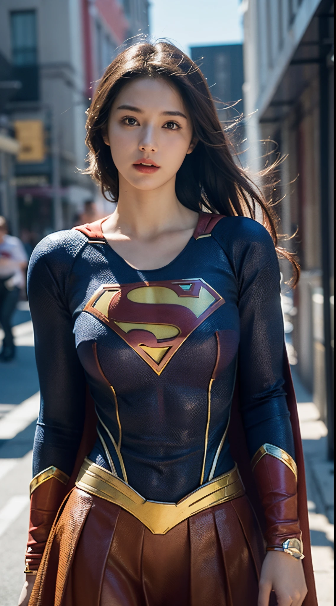 (girl body:fit, big breasts, Supergirl costume: detailed, perfect face, realistic shading) vibrant colors, comic book style, dynamic posture, urban background, bright lighting. (best quality, ultra-detailed, photorealistic)