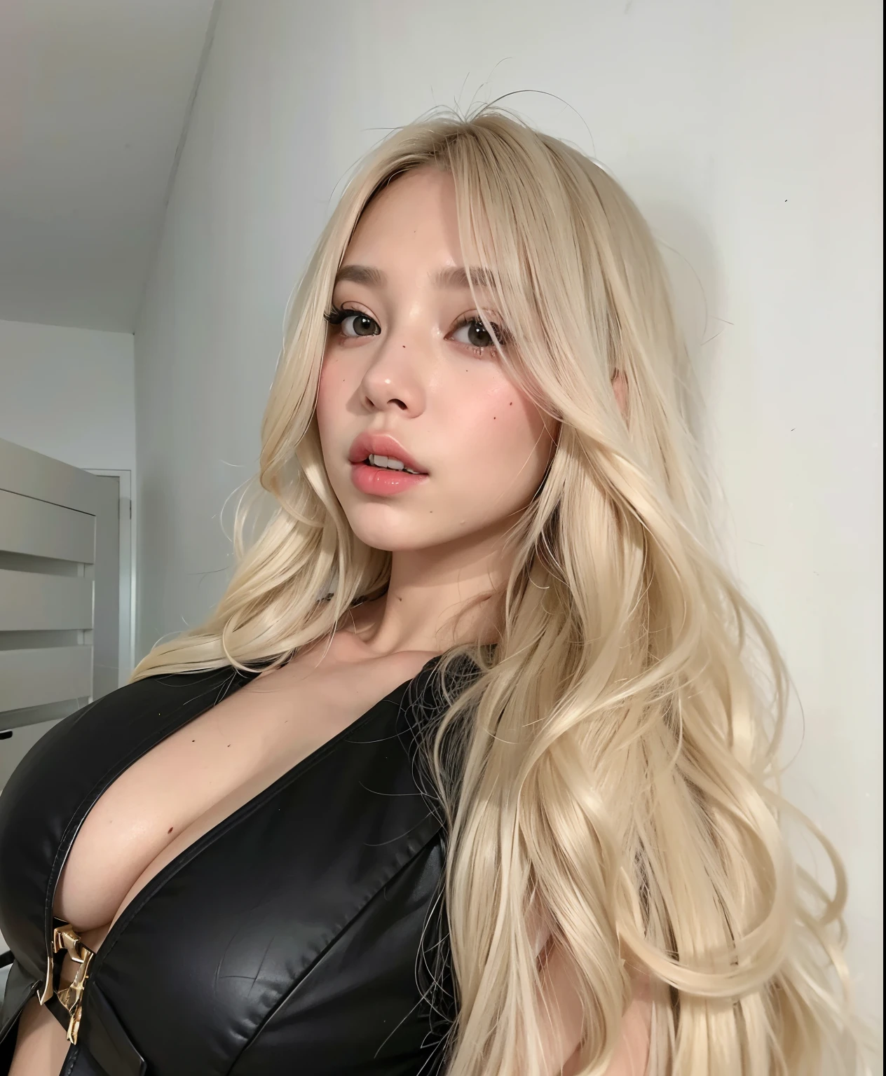 Mujer rubia con un vestido de cuero negro posando para una foto, Ava Max, con cabello largo y rubio, Cabello largo y rubio y ojos grandes, Angelawhite, Chica perfecta de pelo blanco, Diosa rubia, Cabello largo y rubio y ojos grandes, chica sexy con cabello largo y rubio, con el pelo largo y blanco, cabello rubio y ojos grandes, cabello largo rubio platino, Cabello largo y blanco y flequillo