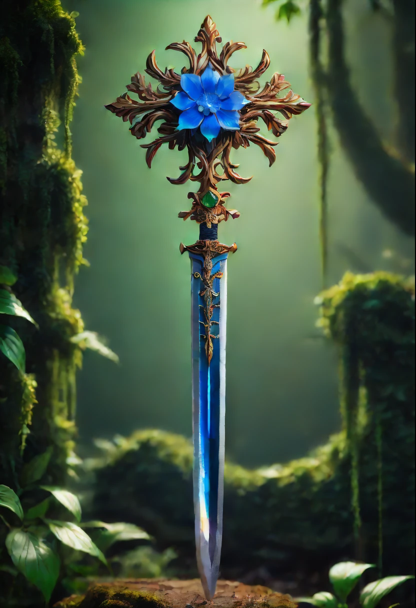 Magic Sword，Legendary magic sword，Glory Magic Sword，Alloy iron flower，Alloy vines surround the magic sword,There are iron flowers on the sword，heavy metal style，metal art，flower made of iron，iron leaf，Full metallic luster，Metal texture in the post-industrial era，Crafts made from alloy wire，gold flowers，Iron flower，Silver flower，metal tree branch，a crystal pendant，Emerald inlay，well-built，Perfect craftsmanship，Magic lightning background，blue lightning，(Lycorisradiata close-up)，Charming flower of the other side，Mysterious Manzhu Shahua，A bloody ghost flower blooming at the gate of hell，Leading the soul to the afterlife，Evil charm，Flirtatious，uncanny，(Best quality at best,4K,8K,A high resolution,tmasterpiece:1.2),ultra - detailed,(actual,realisticlying,Photorealistic:1.37),sportrait,The landscape,terror,Japanese cartoon,sci-fy,photography of,Concept artist, HighDynamicRange,hyper HD,Studio lighting,Ultra-fine painting,Focus sharp,physically-based renderingt,Extremely detailed description,professional,vivd colour,bokeh.