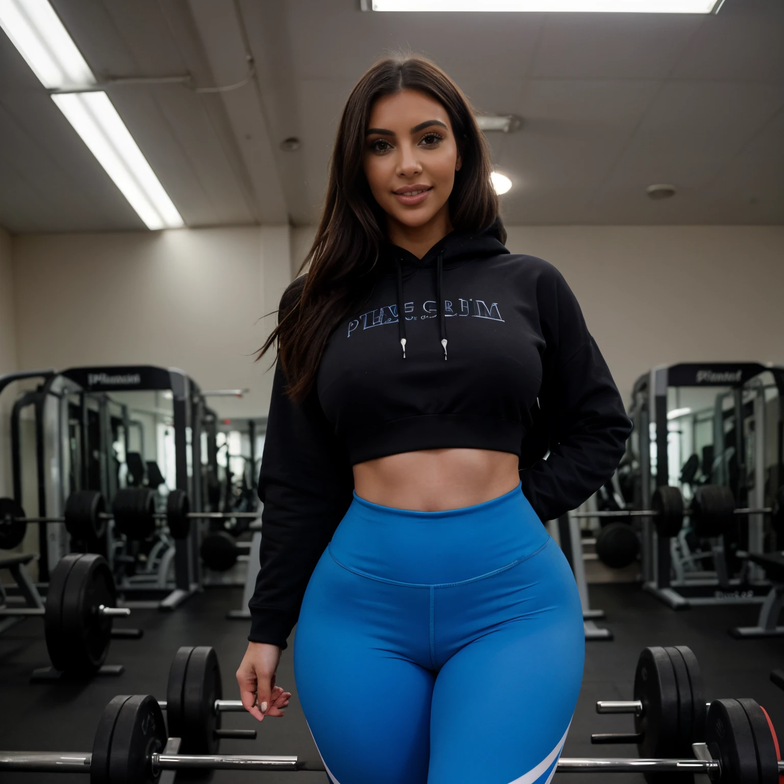 Photo of kim kardashian, at tge gym, not looking at camera, solo, long hair, wearing a leggings and hoody, full body, hyper detailed, , perfect hands, detailed hands, looking at viewer, smiling, perfect teeth, thick thighs, wide , muscular arms, large bulging veins on body, muscle veins, warm atmosphere, photograph, photoshoot, Captured by Panavision Panaflex Platinum Camera with Panavision Primo Primes Spherical Lens 50mm T1.9