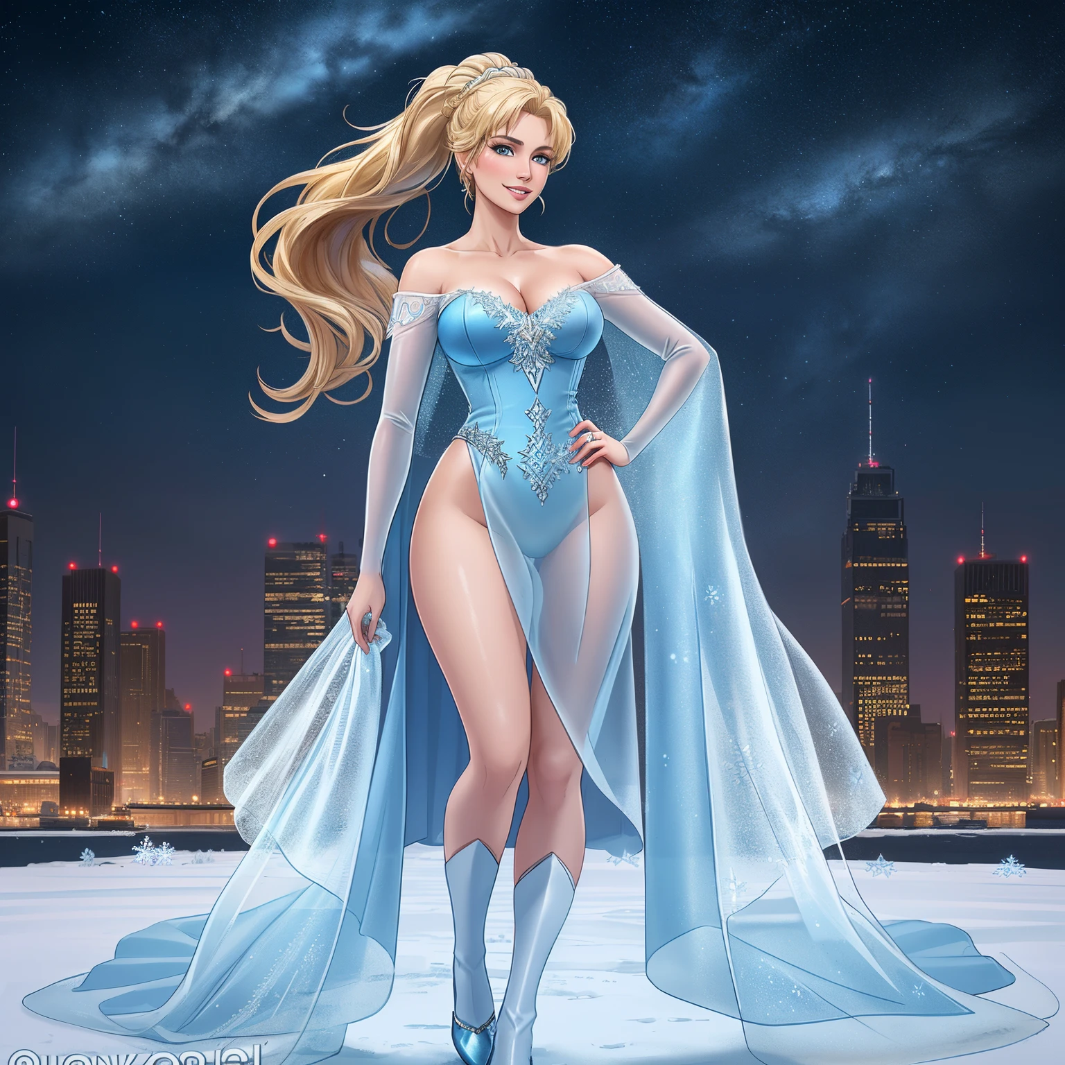 (8k), (best quality), (masterpiece:1.2), (realistic), (photorealistic:1.37), ultra-detailed, elsa, one piece blue, detailed face, ((frozen night city background)), (stands straight), ((perfect female body, skin dentation)), mature female, milf, narrow waist, smile, (full body), sexy legs, blonde | ponytail | wavy, high quality, HDR, 4K, photorealistic, incredible detail of the skin, professional photo