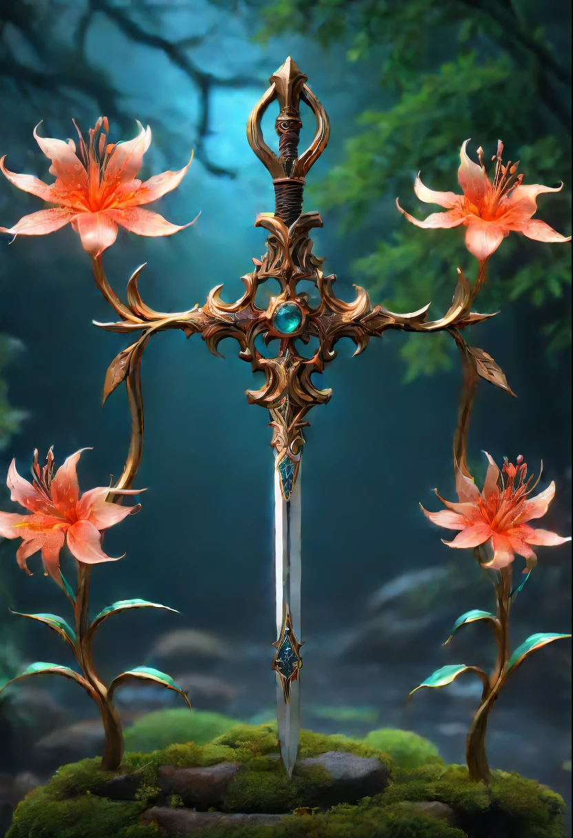 Magic Sword,legendary magic sword,Glory Magic Sword,Alloy iron flower,Alloy vines surround the magic sword,There are iron flowers on the sword,heavy metal style,metal art,flower made of iron,iron leaf,Full metallic luster,Metal texture in the post-industrial era,Alloy wire crafts,gold flowers,Iron flower,Silver flower,metal tree branch,a crystal pendant,Emerald inlay,Carefully crafted,Perfect craftsmanship,Magic lightning background,blue lightning,(Lycoris close-up),Flower of the other shore is charming,Mysterious Manzhu Shahua,The bloody ghost flower blooming at the gate of hell,Leading the soul to the afterlife,Evil charm,Flirtatious,Incredible,(Best quality,4K,8K,A high resolution,tmasterpiece:1.2),ultra - detailed,(actual,realistically,realisticlying:1.37),sporty attire,The landscape,terror,Japanese cartoons,sci-fy,photography,Concept artist, HighDynamicRange,hyper HD,Studio lighting,Ultra-fine painting,Focus sharp,physically-based renderingt,Extremely detailed description,professional,vibrant with colors,bokeh.