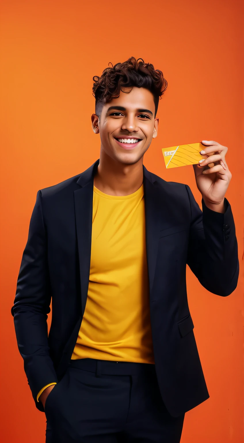 smiling man in a yellow shirt holding a paper credit card in front of his face, na frente de um fundo laranja, Jovem com short, foto oficial do produto, modelo de moda sorridente, Imagem promocional, homem sorridente, foto comercial, imagens promocionais, advertising photo, Directed by: Juan O'Gorman, modelo de moda feliz, solid background, Macho sorridente, imagem oficial do produto, by John Luke, futuristicos, elementos financeiro flutuantes