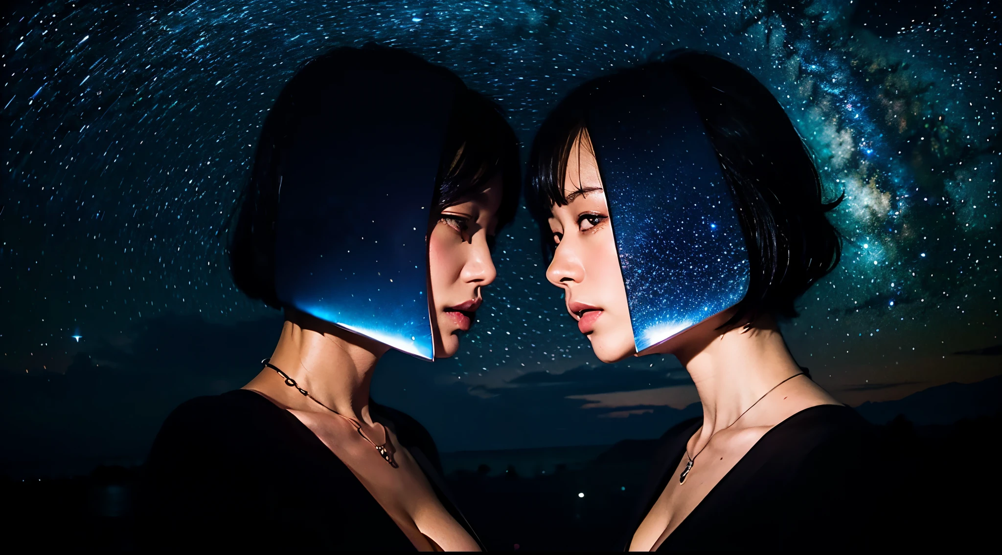 double contact，Oliver Morris double exposure photography style，Couple silhouette，Close-up cleavage，Sparkling starry sky，a true，フォトリアリスティック，k hd，8K分辨率，Masterpiece--ar 1:1--Rainbow 5 --s 2