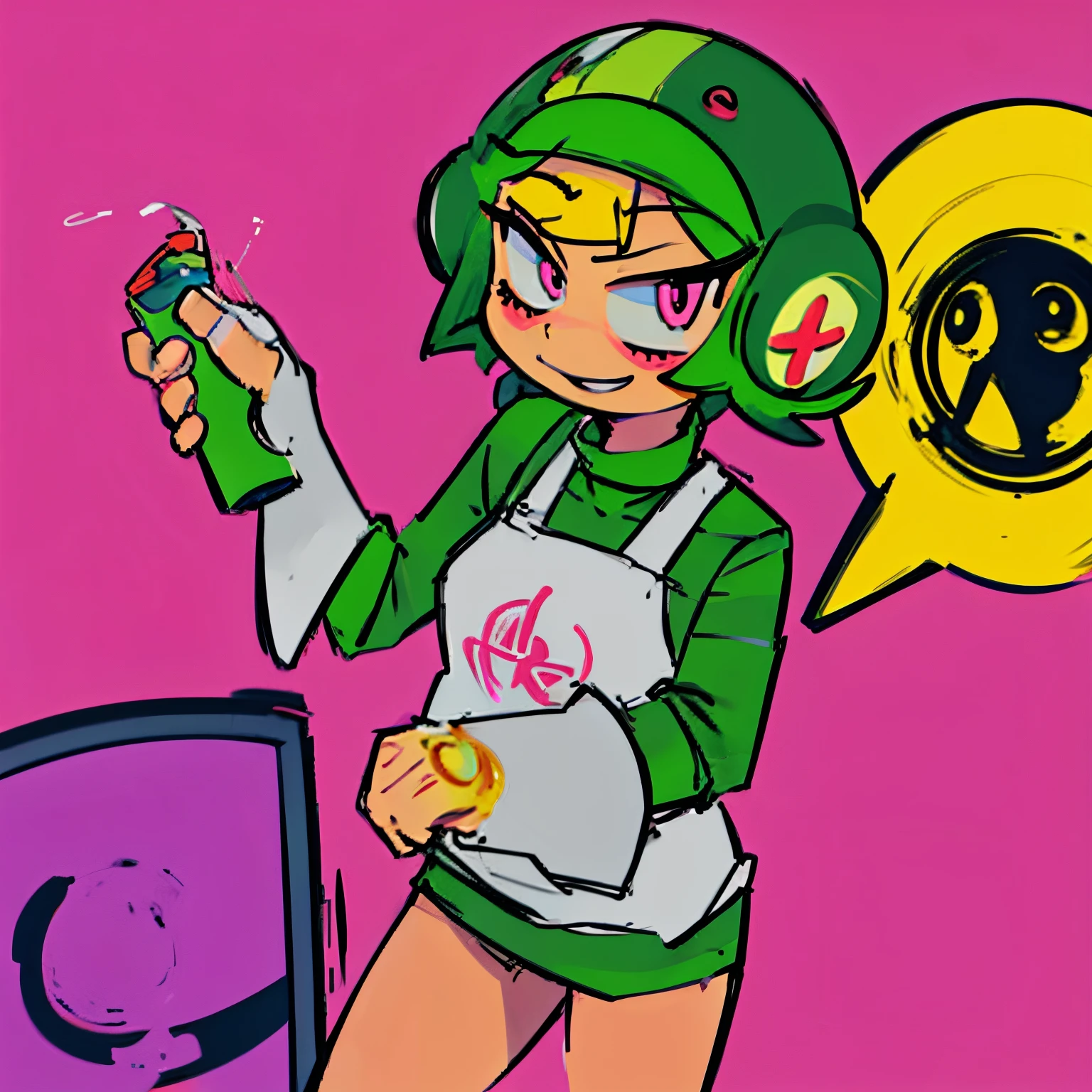anime female short green hair and pink eyes looking right using a spray can smiling no background