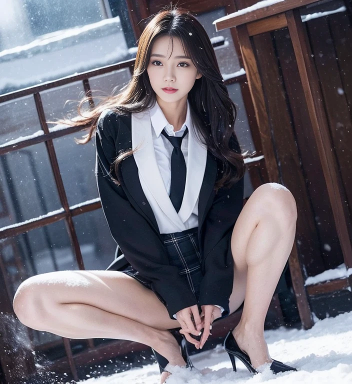 A Japanese lady、beauitful face、二重まぶた、largeeyes、cabelos preto e longos、buisness suit、、Superskirt、pretty legs、Raw feet、high-heels、tall、model poses、Intero、spread their legs、See panties、Full body lesbian、Oyuki、snow cover、Snow blowing、Snowy scenery at night、Big wind、Hair messy in the wind、Due to snow,Poor visibility