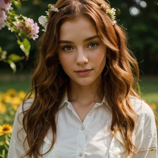 Stunning girl, ginger, wavy hair, modest clothes, flower girl