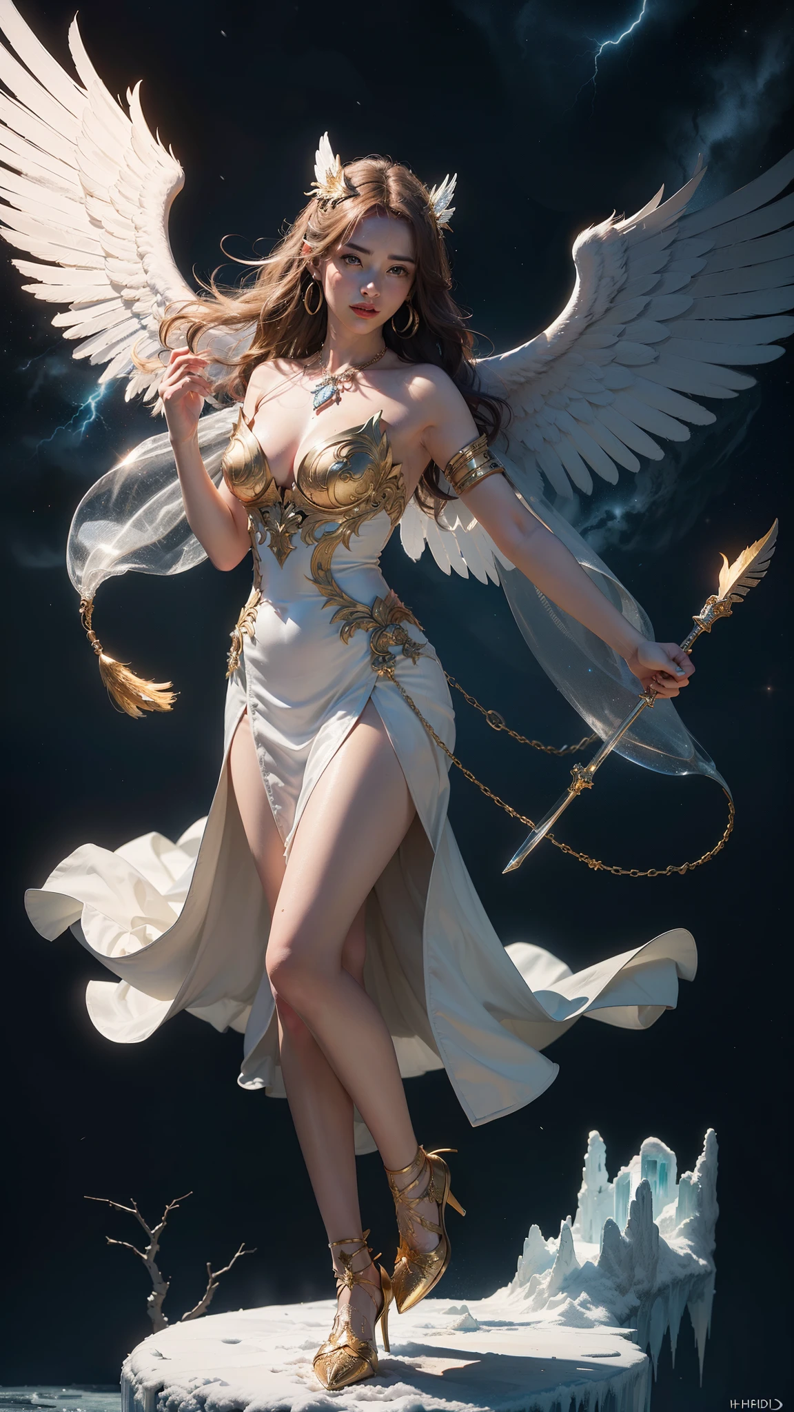 A beautiful Korean+Chinese Arch Angel Girl, , hold big Angel staff in right hand, Thunder bolt, (Numerous award-winning masterpieces, with incredible detail, textures and maximum detail), (hyper realistic:1.4), (realistic:1.3), (best quality real texture skin), (finely detailed true circle Symmetrical eyes), finely detailed face, ((medieval world)), ((The Lord's Arch Angel)), ((The Lord's White Angel)), (icy look in the eye), A girl, (She has a mischievous smile on her face), (Eyes that glow gold in the dark:1.5), (Angel dancing in the background), (Dramatic Light), (A majestic sight), (Her countenance is gentle and beautiful, but somehow terrifying), ((Large 6 white wings with feathers behind shoulders)), (((Arch Angel wings))), Glass Luxury earrings on the ears, (((dramatic photo))), (twilight), (sunset), (dusk), (Seducing Pose), ((dramatic pose)), (silver hair), (chestnut hair), Long hair, ((Full-length portrait)), ((looks up)), ((looking down)), ((full-body standing image)), ((gives full-body standing image)), (Around her neck is a Luxury necklace), (Swirling flames), (Swirling lightning), (swirling ice and snow), Shining majestic cloud masses and sky, lightning bolt, epic realistic, ((neutral colors)), (hdr:1.5), (muted colors:1.2), hyper detailed, cinematic, warm lights, dramatic light, (intricate details:1.1), complex background, space, star sky