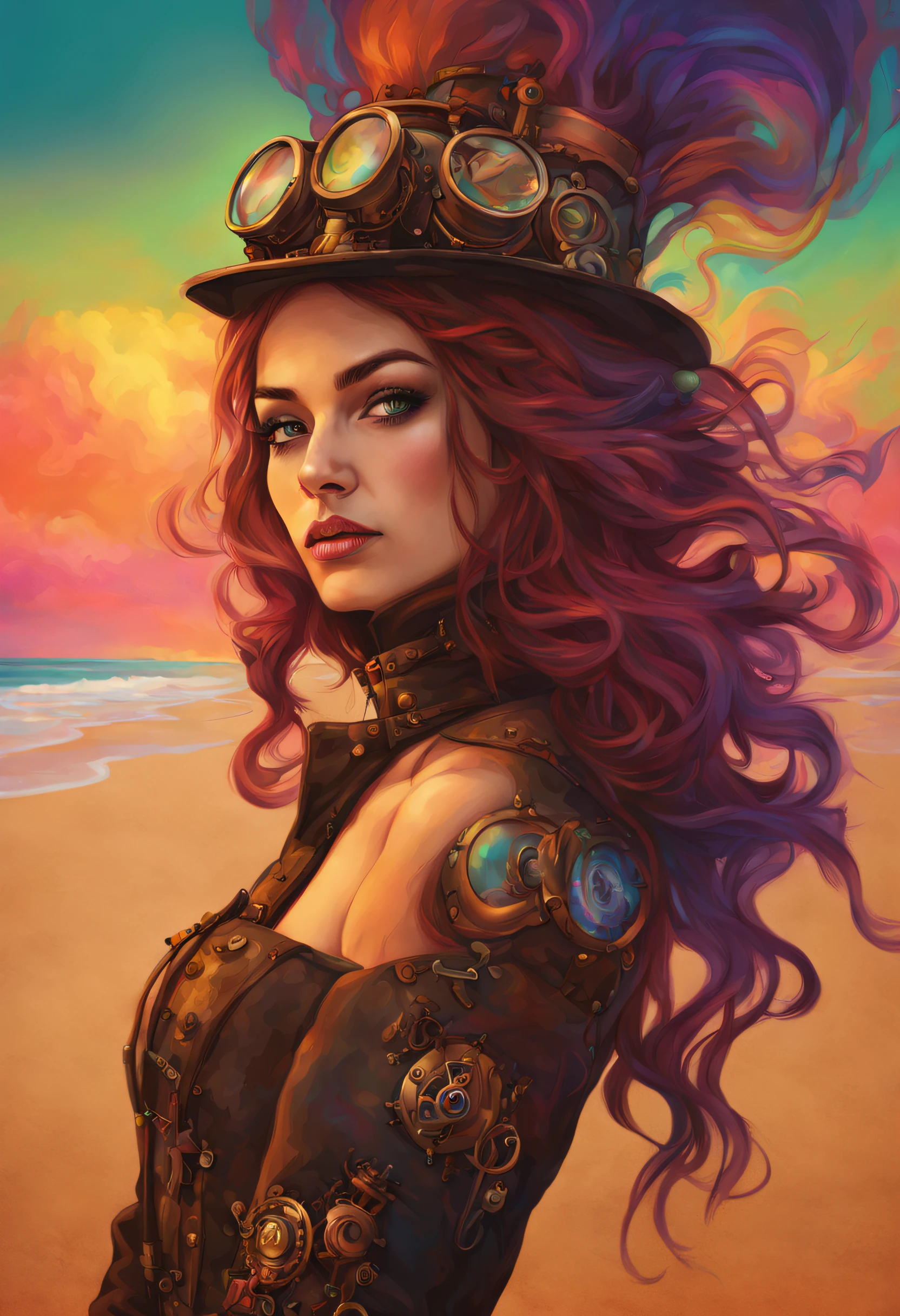 A gorgeous steampunk and psychedelic female portrait; with beautiful colors and in the background explosions of sand of full colors mixed