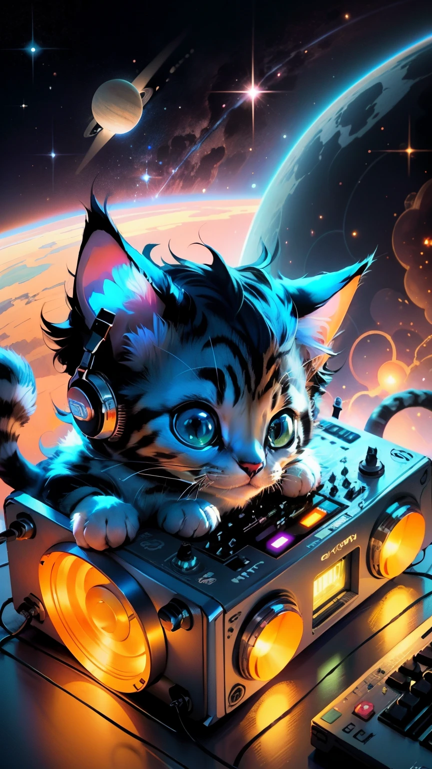 Cute kitten DJing in space, old cartoon style, Disney style, A futuristic, not real, Colorful world、The universe and planets float behind、Simple line work.