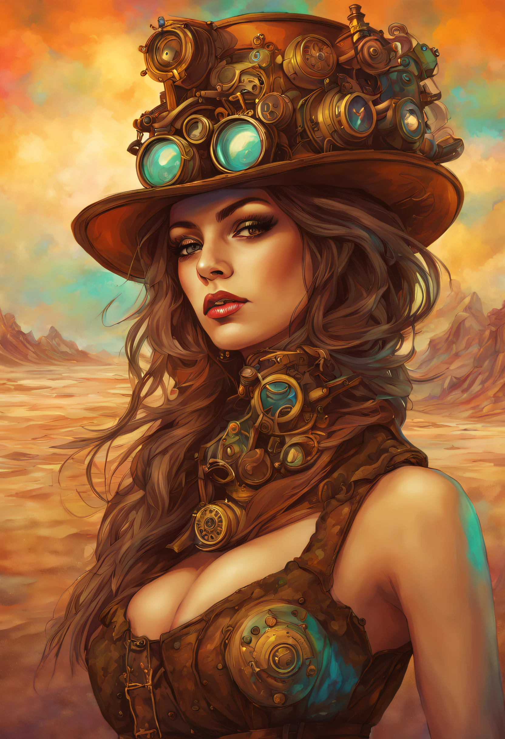 A gorgeous steampunk and psychedelic female portrait; with beautiful colors and in the background explosions of sand of full colors mixed