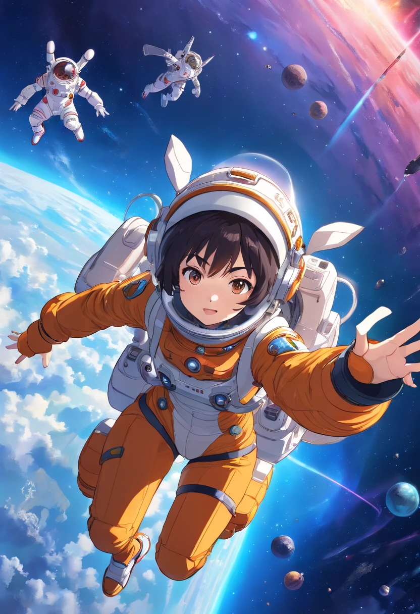 Absurd resolution, high resolution, (masterpiece:1.4), ultra-detailed, 1girl, in spacesuit, seen from above, space, floating, satellite, running pose, wide-angle lens distortion, (high quality), (pixiv:1.4), Volumetric Lighting, backlight, singer, on the stage, (sexy:1.4), (microphone:1), (big breasts:1),