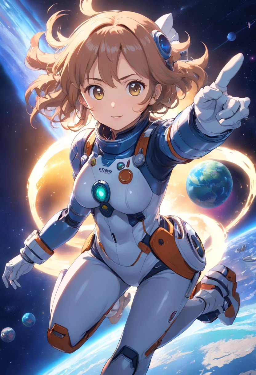 (aesthetic, best quality, masterpiece), 1girl, female focus, solo, large breasts, closed mouth, small smile, green eyes, auburn hair, zerosuit, tight, pink and white bodysuit, vivid colors, holographic interface, spaceship, space, futuristic, datapad, full body, cockpit, watercolor illustration, (starship porthole:1.3), perfect hands, bright starship interior, (outer space view:1.1), (orbital view:1.3), (night, starry sky:1.5), milky way