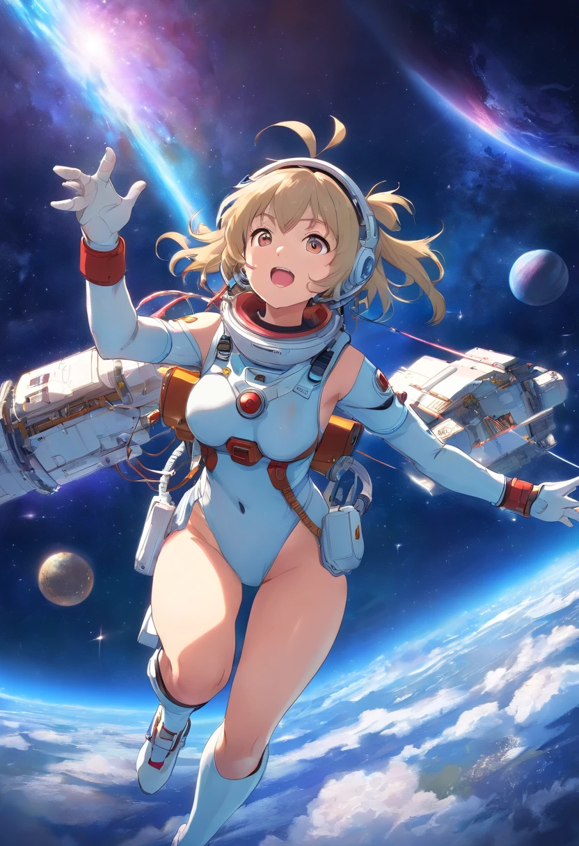 Absurd resolution, high resolution, (masterpiece:1.4), ultra-detailed, 1girl, in spacesuit, seen from above, space, floating, satellite, running pose, wide-angle lens distortion, (high quality), (pixiv:1.4), Volumetric Lighting, backlight, singer, on the stage, (sexy:1.4), (microphone:1), (big breasts:1),