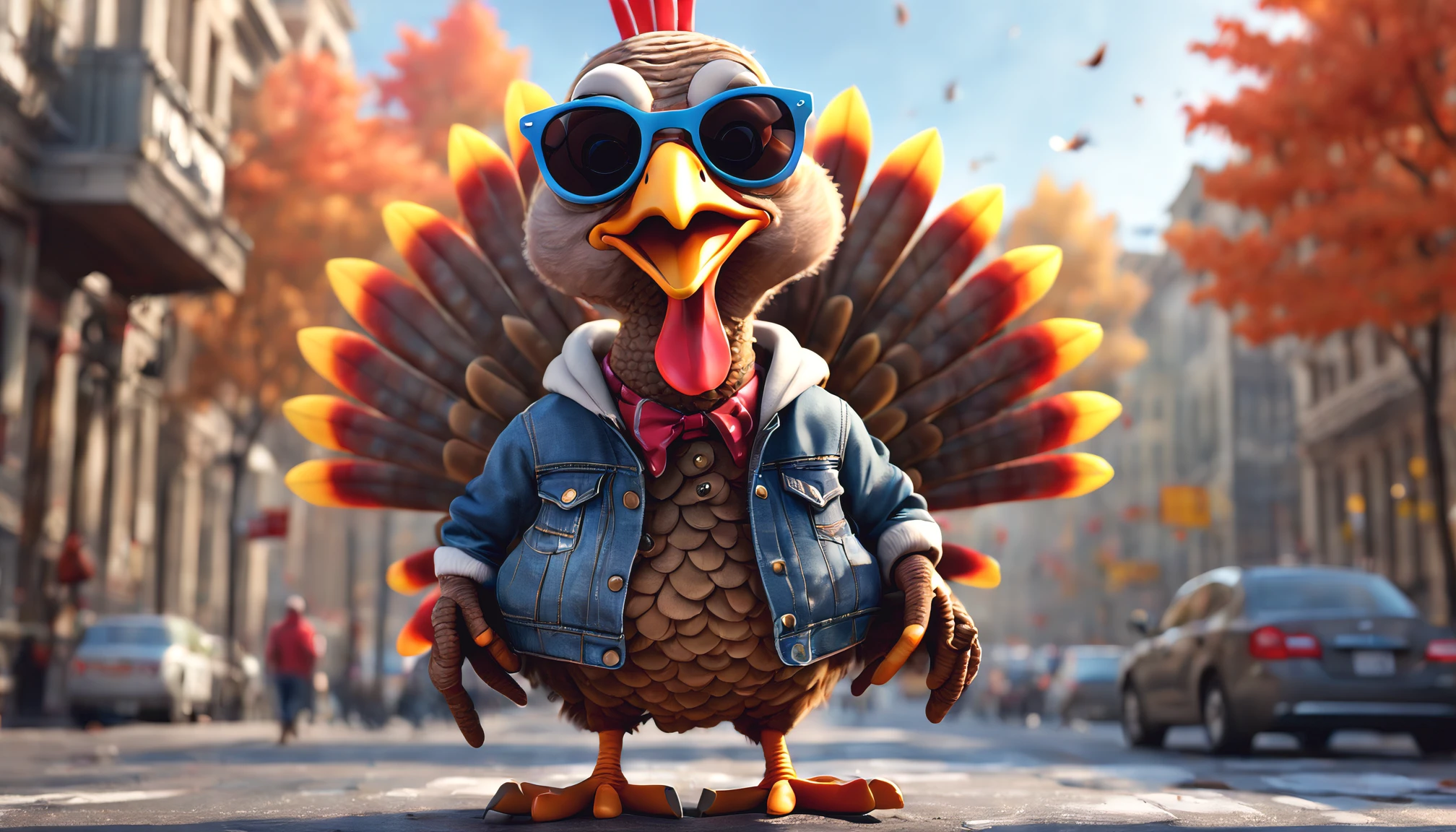 (top-quality,8K,32K,masterpiece,UHD:1.3),ultra high res,(Photorealsitic:1.4)),intricate details, Craft a perfect 3D animation style image featuring a cute stylish turkey. solo,Picture the turkey wearing a tank top, jacket hoodie, denim pants, cool sunglasses, and (footwear). Capture the attitude of this cute stylish character, with its hands casually tucked inside pant pockets. Encourage artists to bring the perfect blend of style and animation to life in a visually striking composition that showcases the character's cool and fashionable persona. Thanksgiving town background