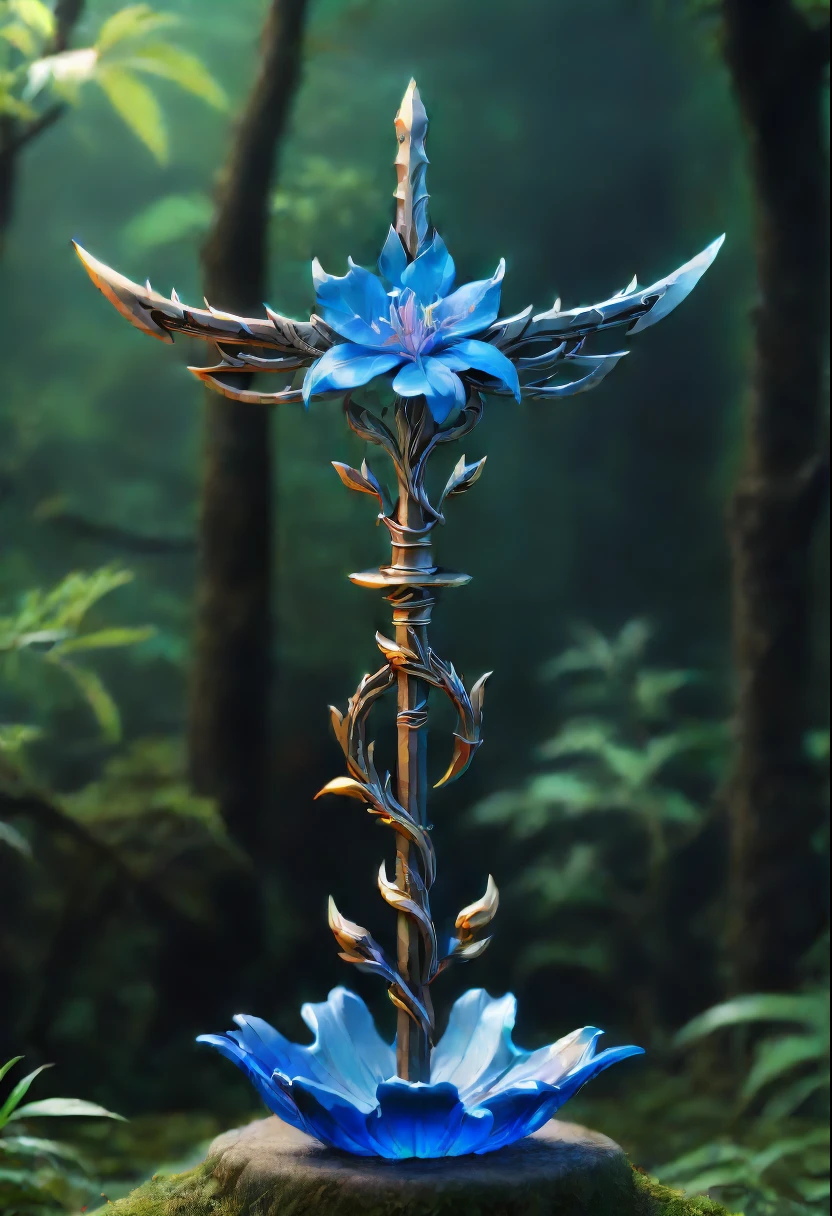 Magic Sword，legendary magic sword，Glory Magic Sword，Alloy iron flower，Alloy vines surround the magic sword,There are iron flowers on the sword，heavy metal style，metal art，flower made of iron，iron leaf，Full metallic luster，Metal texture in the post-industrial era，Alloy wire crafts，gold flowers，Iron flower，Silver flower，metal tree branch，a crystal pendant，Emerald inlay，Carefully crafted，Perfect craftsmanship，Magic lightning background，blue lightning，(Lycoris close-up)，Flower of the other shore is charming，Mysterious Manzhu Shahua，The bloody ghost flower blooming at the gate of hell，Leading the soul to the afterlife，Evil charm，Flirtatious，Incredible，(Best quality,4K,8K,A high resolution,tmasterpiece:1.2),ultra - detailed,(actual,realistically,realisticlying:1.37),sporty attire,The landscape,terror,Japanese cartoons,sci-fy,photography,Concept artist, HighDynamicRange,hyper HD,Studio lighting,Ultra-fine painting,Focus sharp,physically-based renderingt,Extremely detailed description,professional,vibrant with colors,bokeh.
