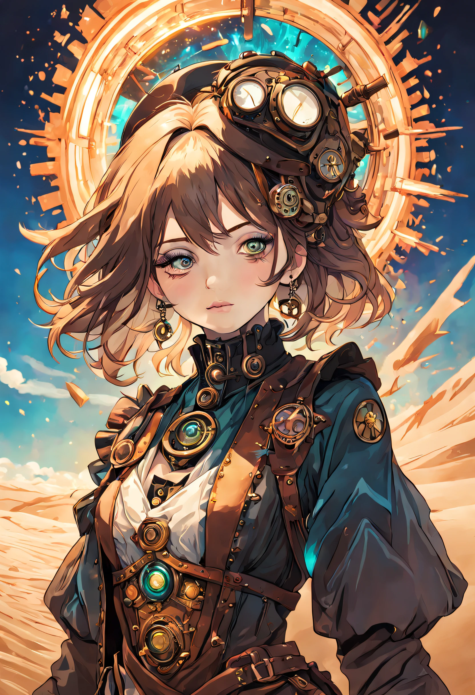 A gorgeous steampunk and psychedelic women portrait with beautiful colors and in the background explosions of sand of full colors mixed